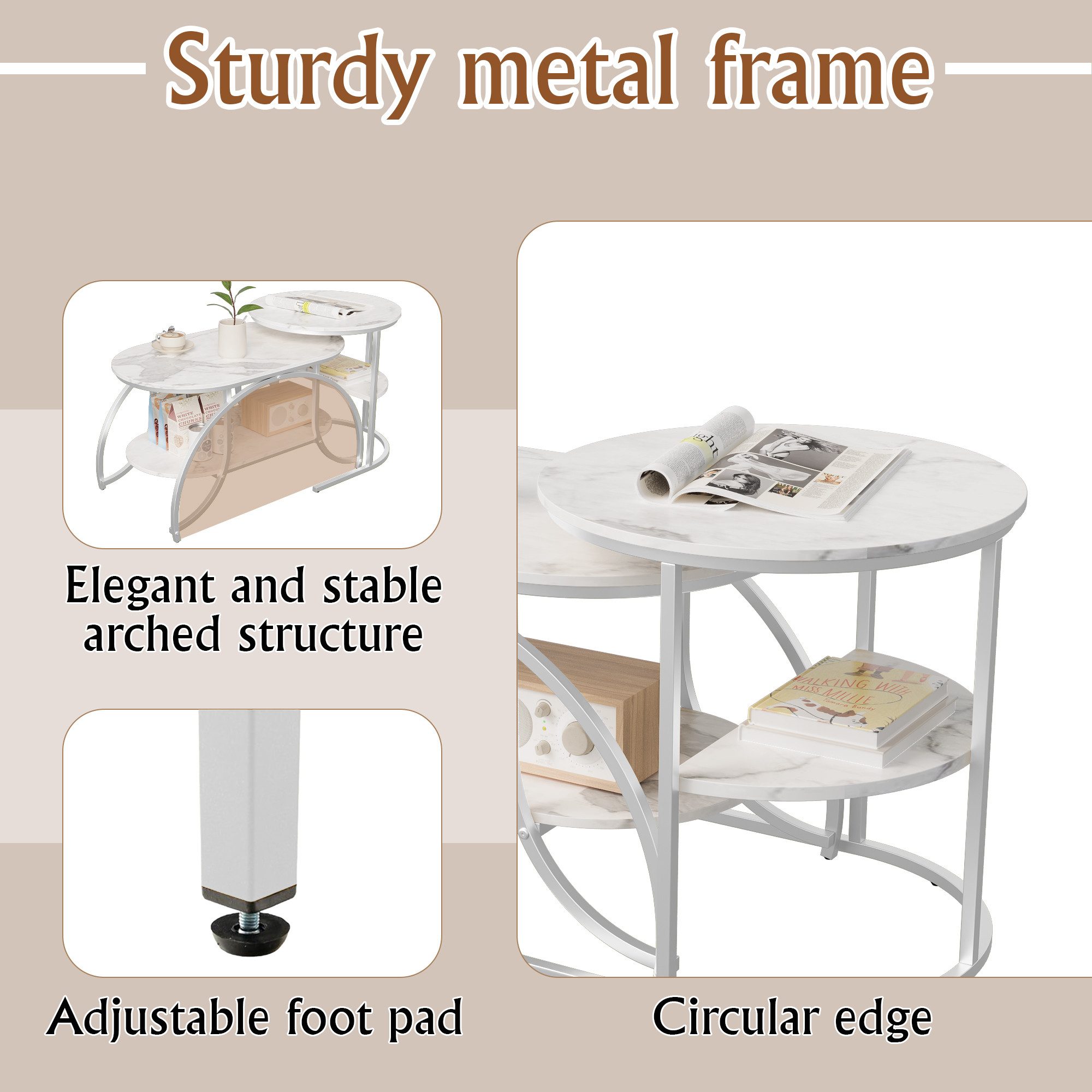 BELUPAI Couchtisch 2er Set, Wohnzimmertisch oval und rund, modern Satztisch, Beistelltisch mit Marmormuster,Silber Metallgestell,Weißes Paneel