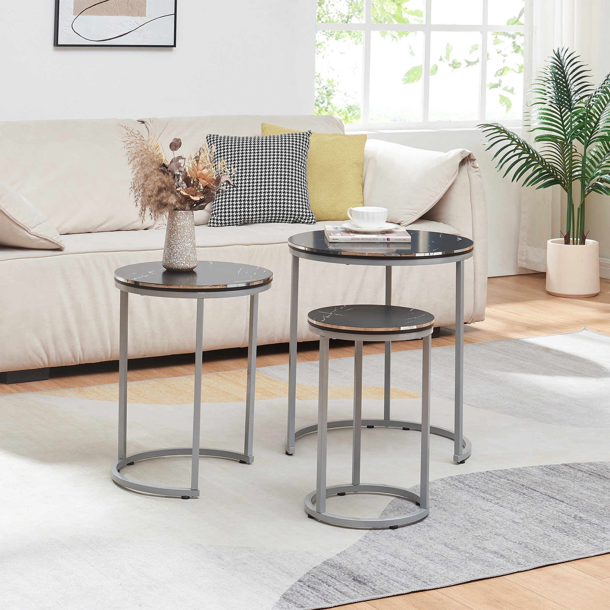 en.casa Satztisch (3er Set), »Bornholm« Metallgestell Marmoroptik, schwarz