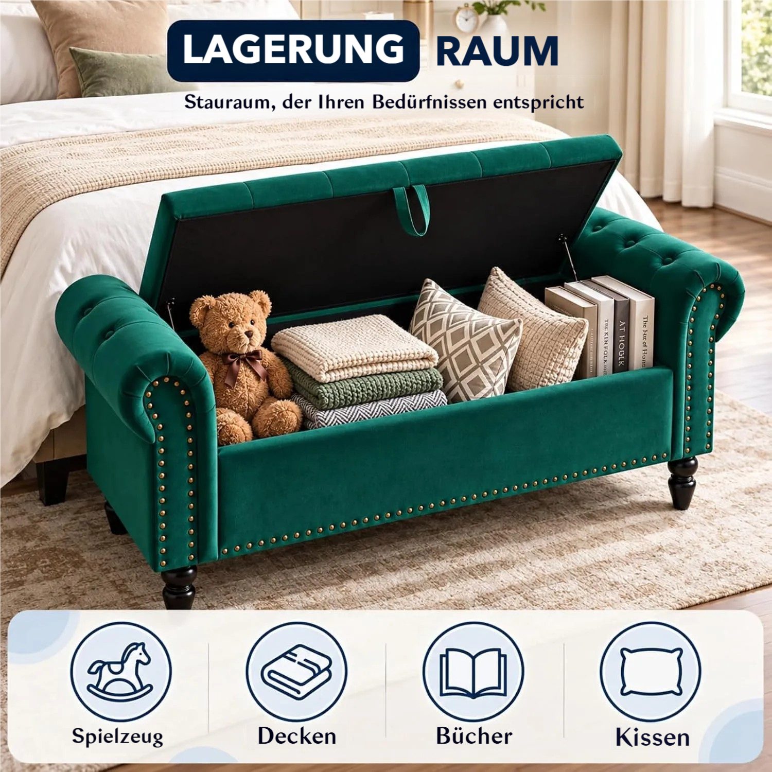 TLGREEN Bettbank Doppelter Hocker mit Stauraum, (Samt,Eleganz und Komfort mit Stauraum), Multifunktionsbank für Wohnzimmer,Schlafzimmer – Bild 4 von 5