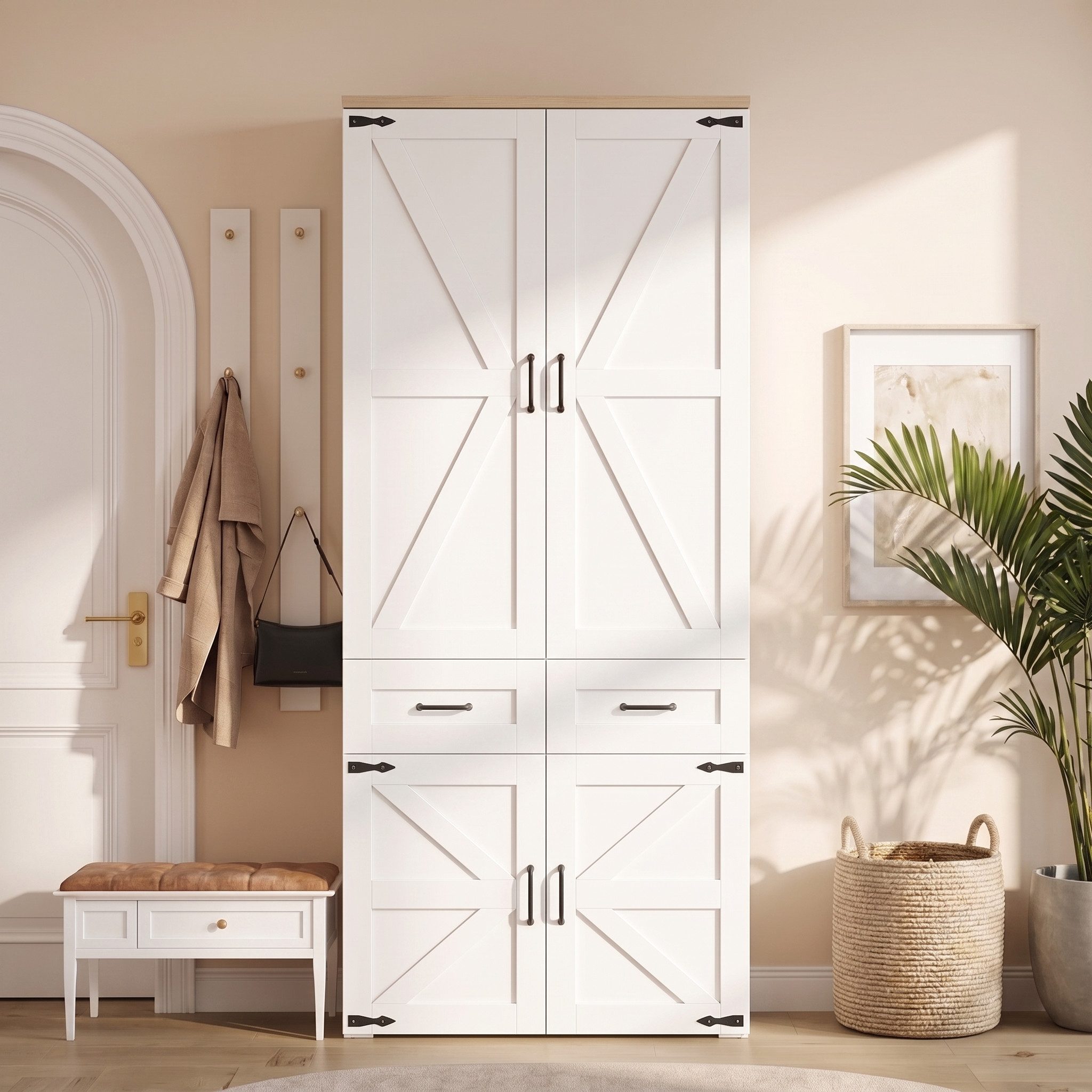 Celya Kleiderschrank Drehtürenschrank, 90x50x200 cm mit 2 Kleiderstangen und 5 Schubladen (mit 4 Scheunentor Türen, Landhausstil, für Schlafzimmer, Flur)