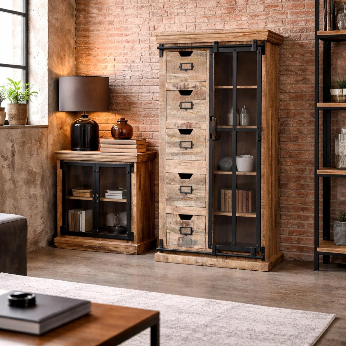 baario Highboard Highboard FINE rustikal, massiv Mangoholz & Eisen Schiebetüre Design Kommode Industrial