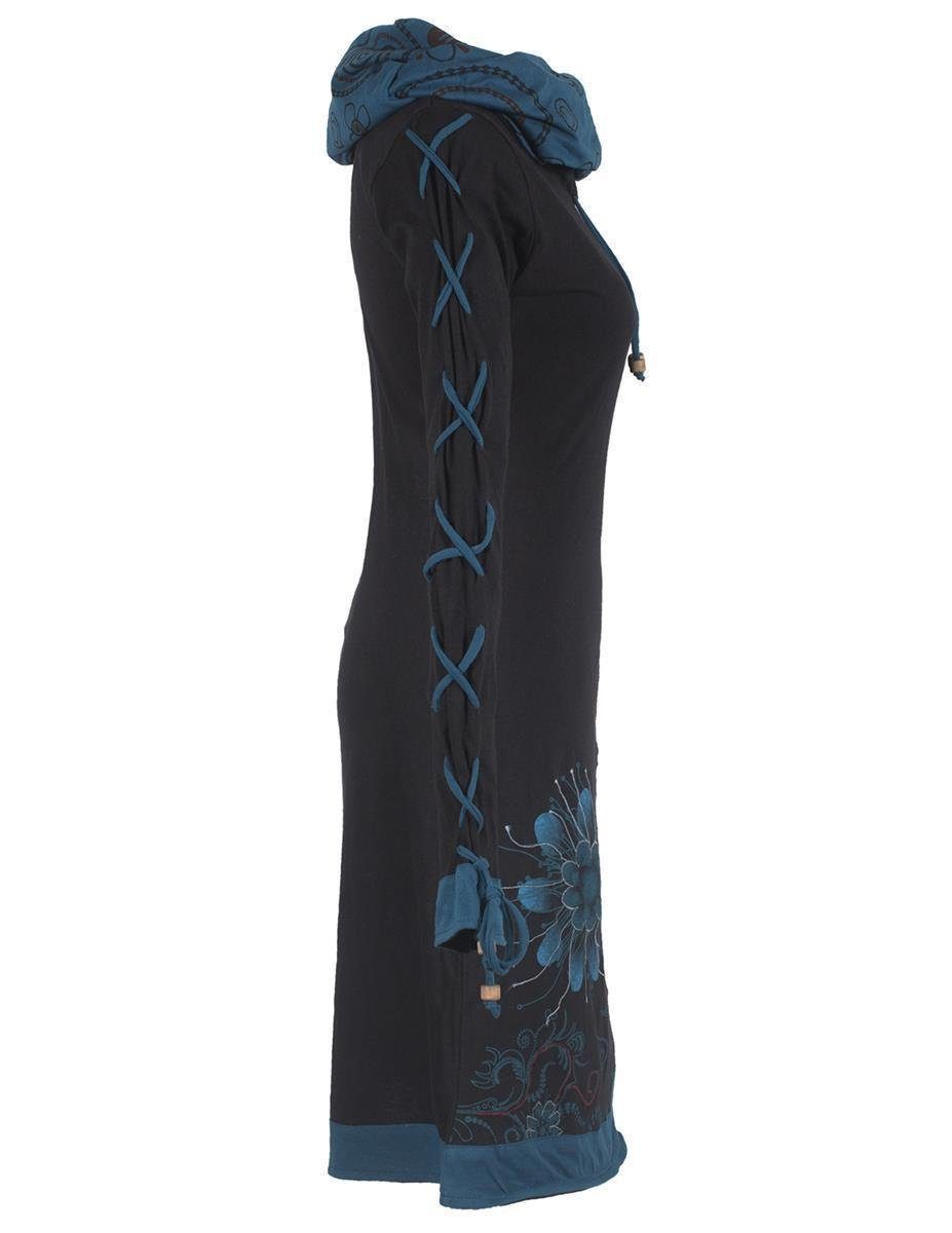 Vishes Midikleid Bedrucktes Blumen Kleid mit Schalkragen - Schnüren Ethno, Hippi, Boho, Goa Style