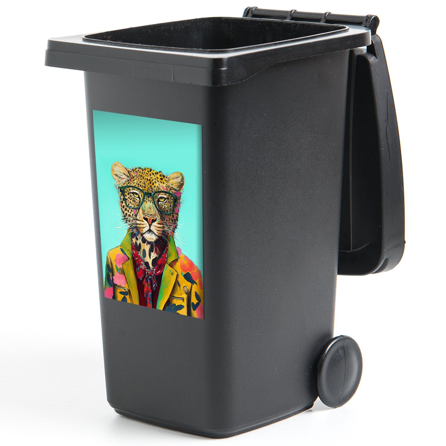 MuchoWow Wandsticker - Brille Sticker, Abfalbehälter Mülltonne, - Schleife Tier - Mülleimer-aufkleber, - Container, (1 St), Design Leopard