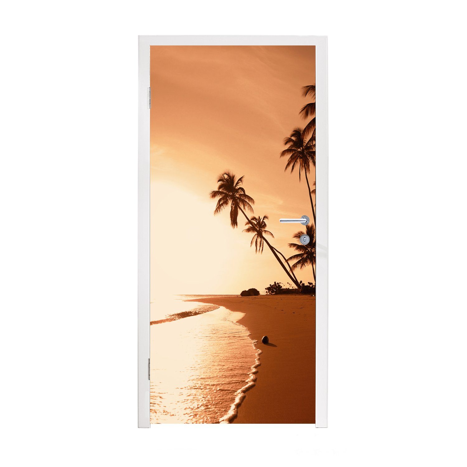 MuchoWow Türtapete Sonnenuntergang - Tropisch - Palme - Strand - Meer, Matt, bedruckt, (1 St), Fototapete für Tür, Türaufkleber, 75x205 cm