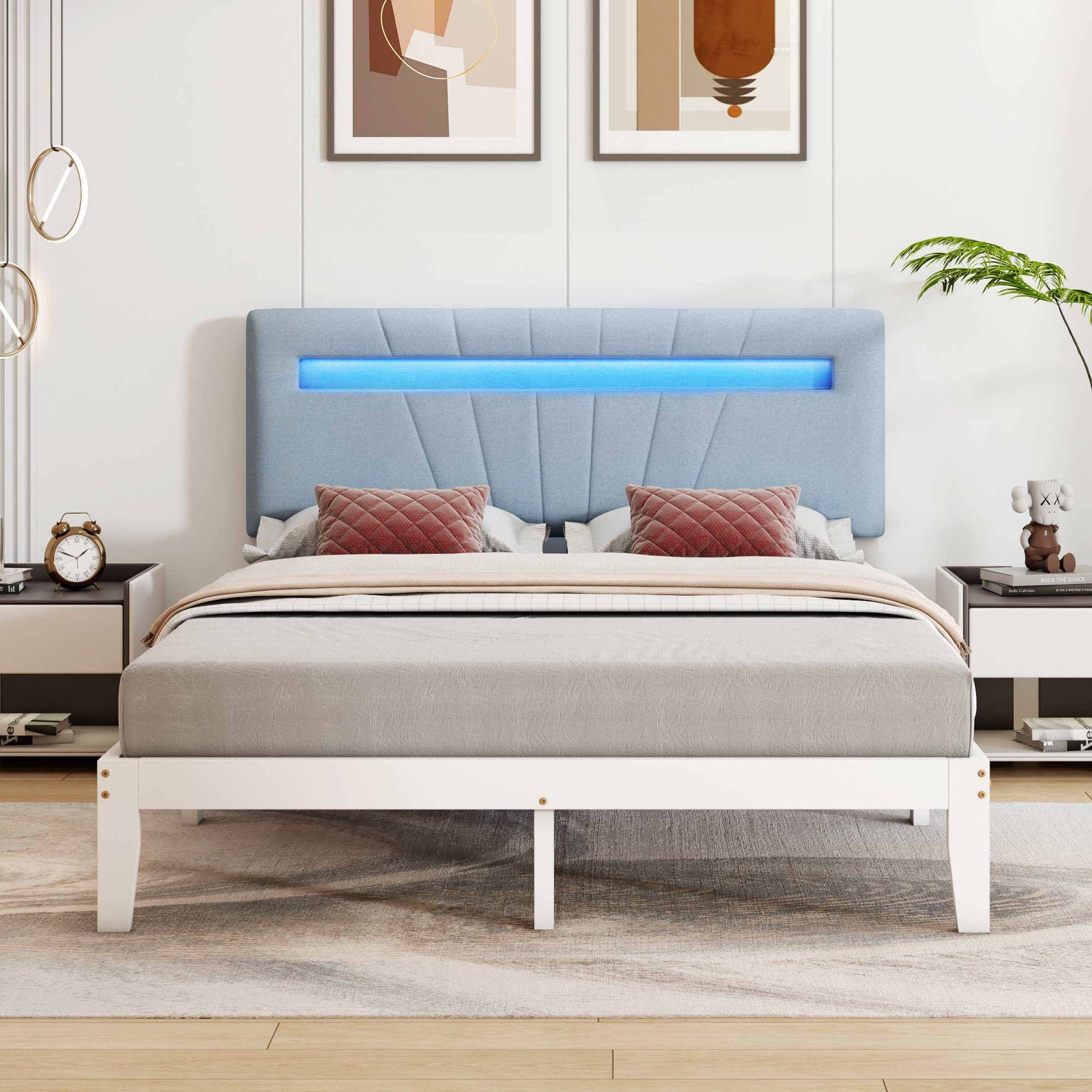Sweiko Kieferbett, Weiß | LED-Beleuchtung, Jugendbett, | Polster-Kopfteil 140*200cm mit Blau Weiß