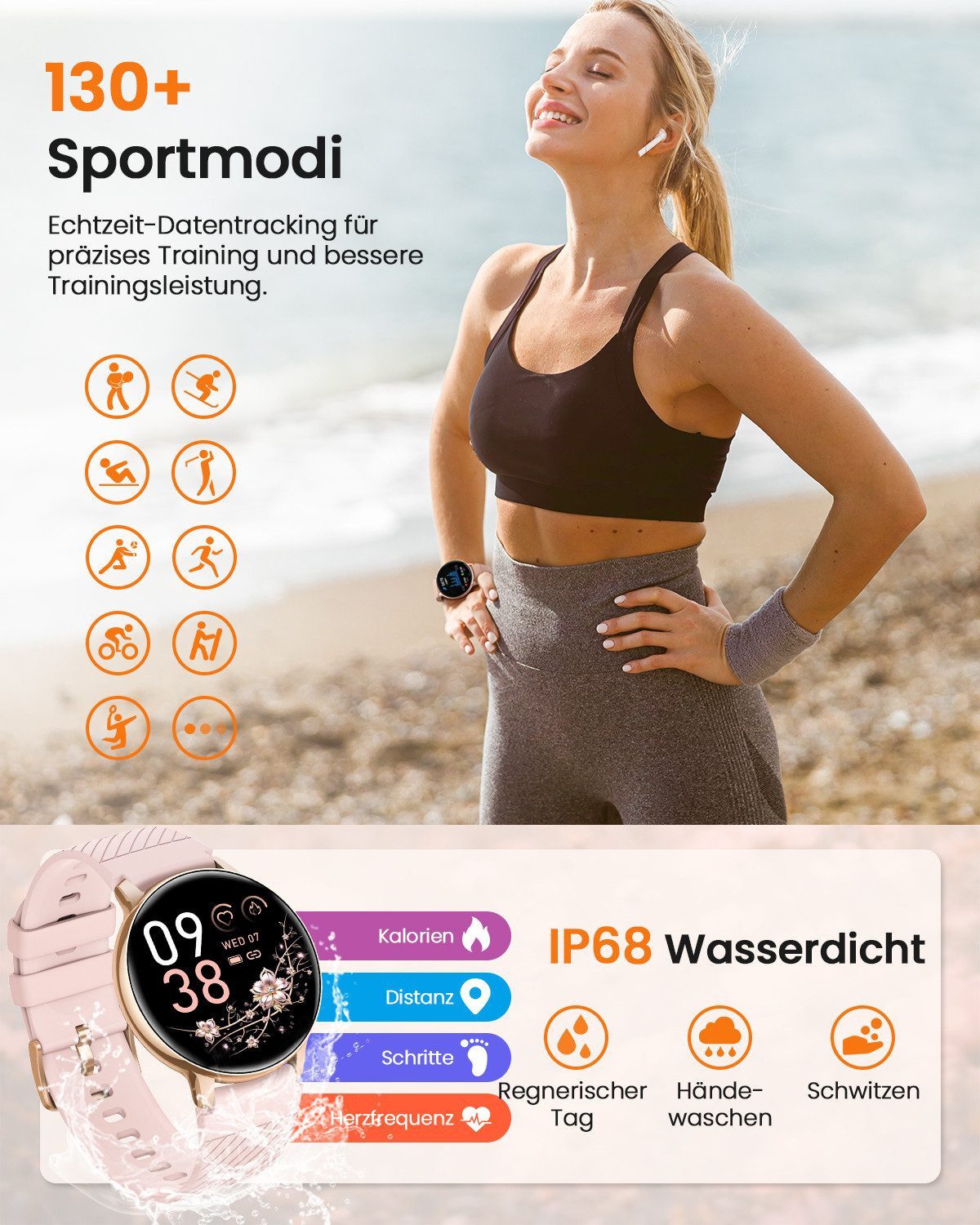 Whraills 2026 NEW Smartwatch Damen Fitnesstracker Uhr mit Anrufe,Pulsuhr,SpO2 Smartwatch (3.53 cm/1,39 Zoll, HD Touchscreen), Smartwatch für Damen mit Blutdruck – Bild 4 von 5