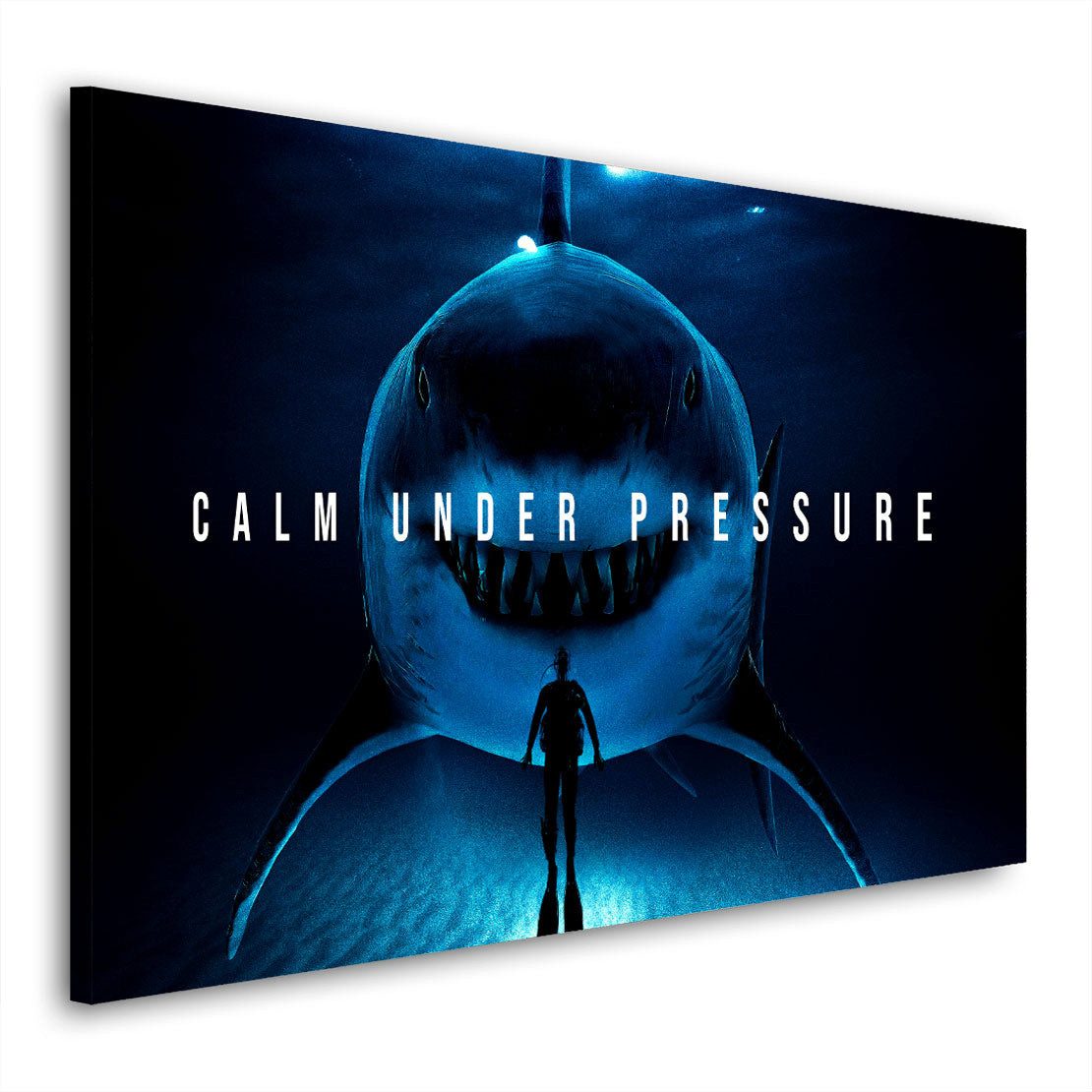 Artedinoi Leinwandbild Hai Calm Under Pressure Dark Leinwandbild Wandbild XL Deko, Hai mit Zitat