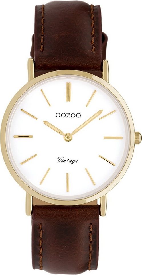OOZOO Quarzuhr Oozoo Damen Armbanduhr Vintage, Damenuhr rund, mittel (ca.  32mm), Lederarmband braun, Fashion