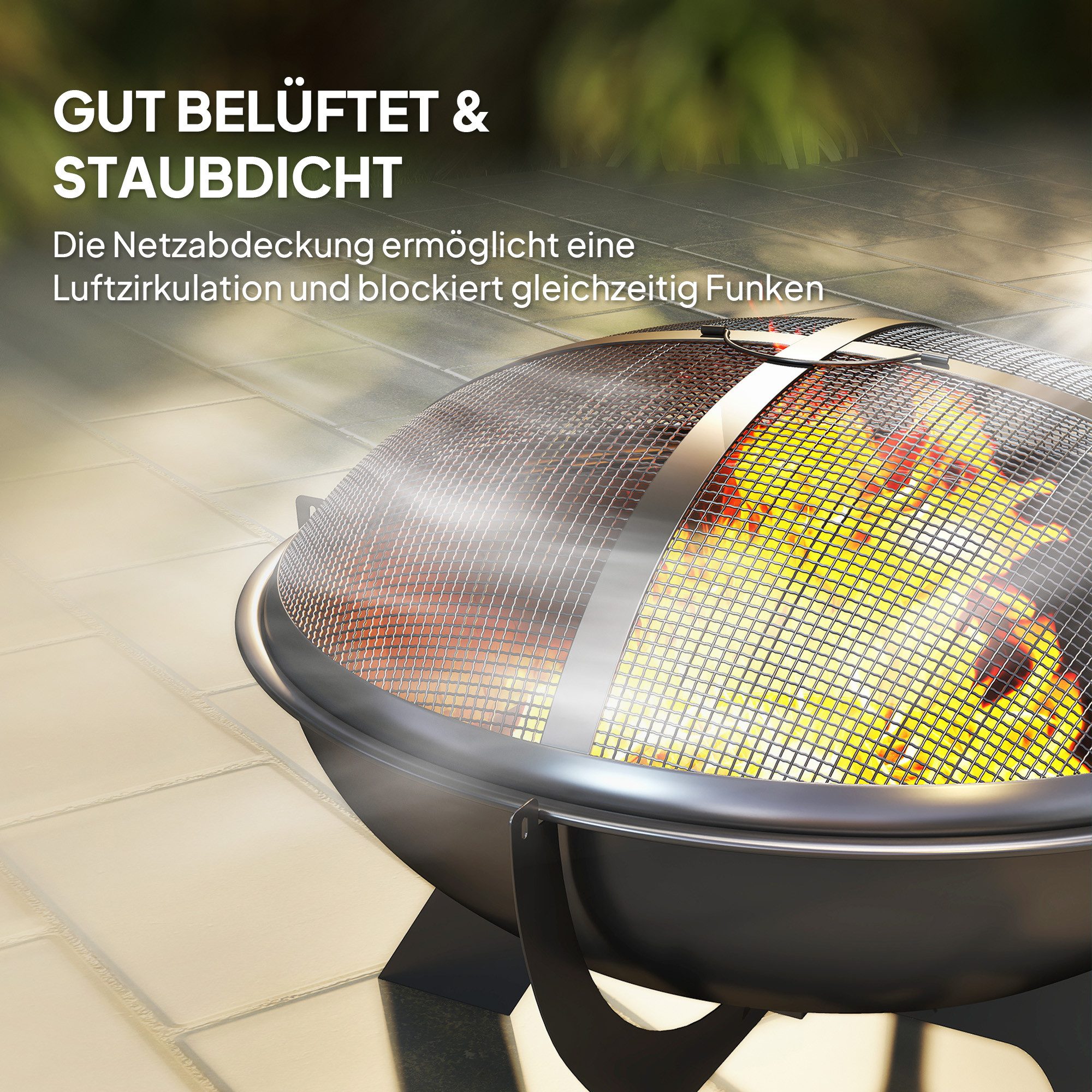 Outsunny Feuerschale Ø54 x 39 cm, mit Funkenschutz, Schürhaken, (Rund Feuerstelle, 1-St., Feuerschalen aus Metall), für Garten, Balkon Terrasse, Outdoor, Camping, Schwarz