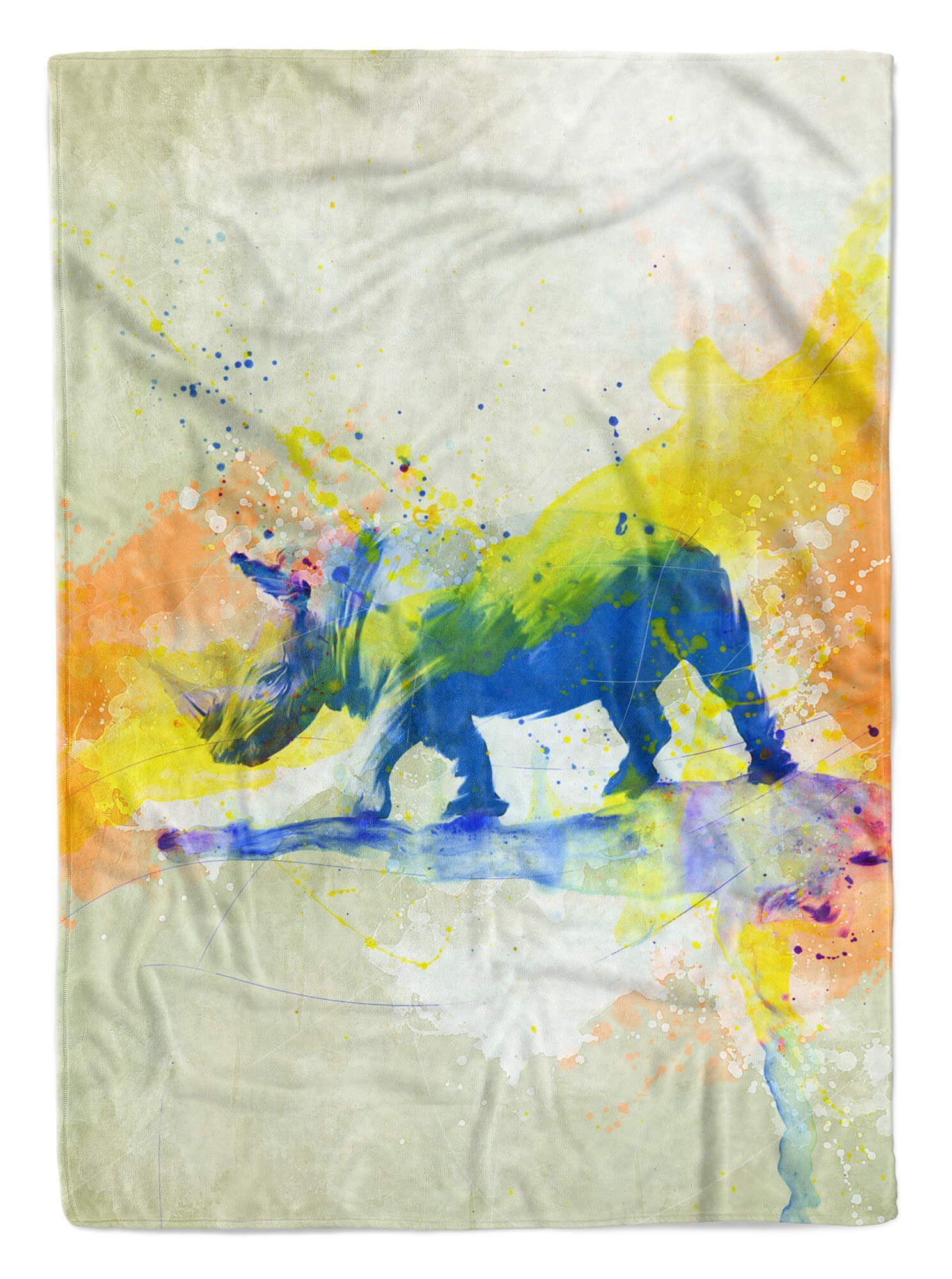 Sinus Art Handtücher Handtuch Strandhandtuch Handtuch Saunatuch Serie Kuscheldecke Rhino Baumwolle-Polyester-Mix Kunstvoll SplashArt (1-St), Tier Mot, I