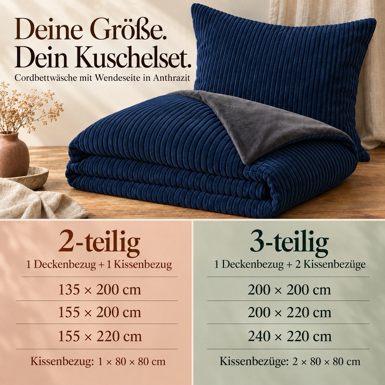 Leonado Vicenti Bettwäsche CORD Optik, Teddy Plüsch, Cashmere Touch, Fleece, 3 teilig, Winter, Wendeseite Anthrazit, flauschig, warm, Nicky-Plüsch – Bild 5 von 5