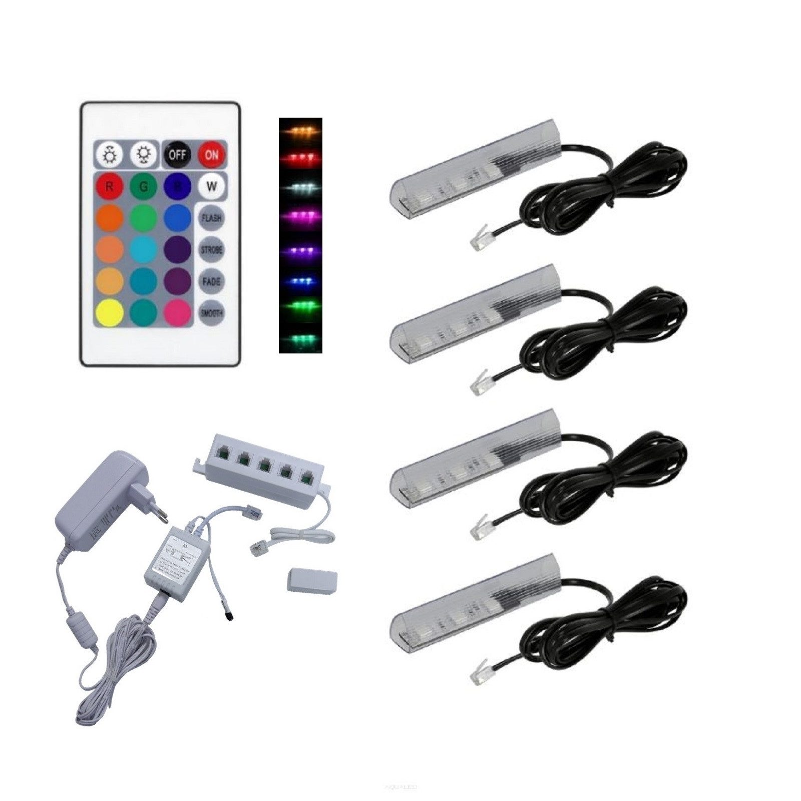 QLS LED Unterbauleuchte Weiß 12V mit Fernbedienung 16 Farben Dimmbar, LED fest integriert, Set Glaskantenbeleuchtung SMD 5050 RGB