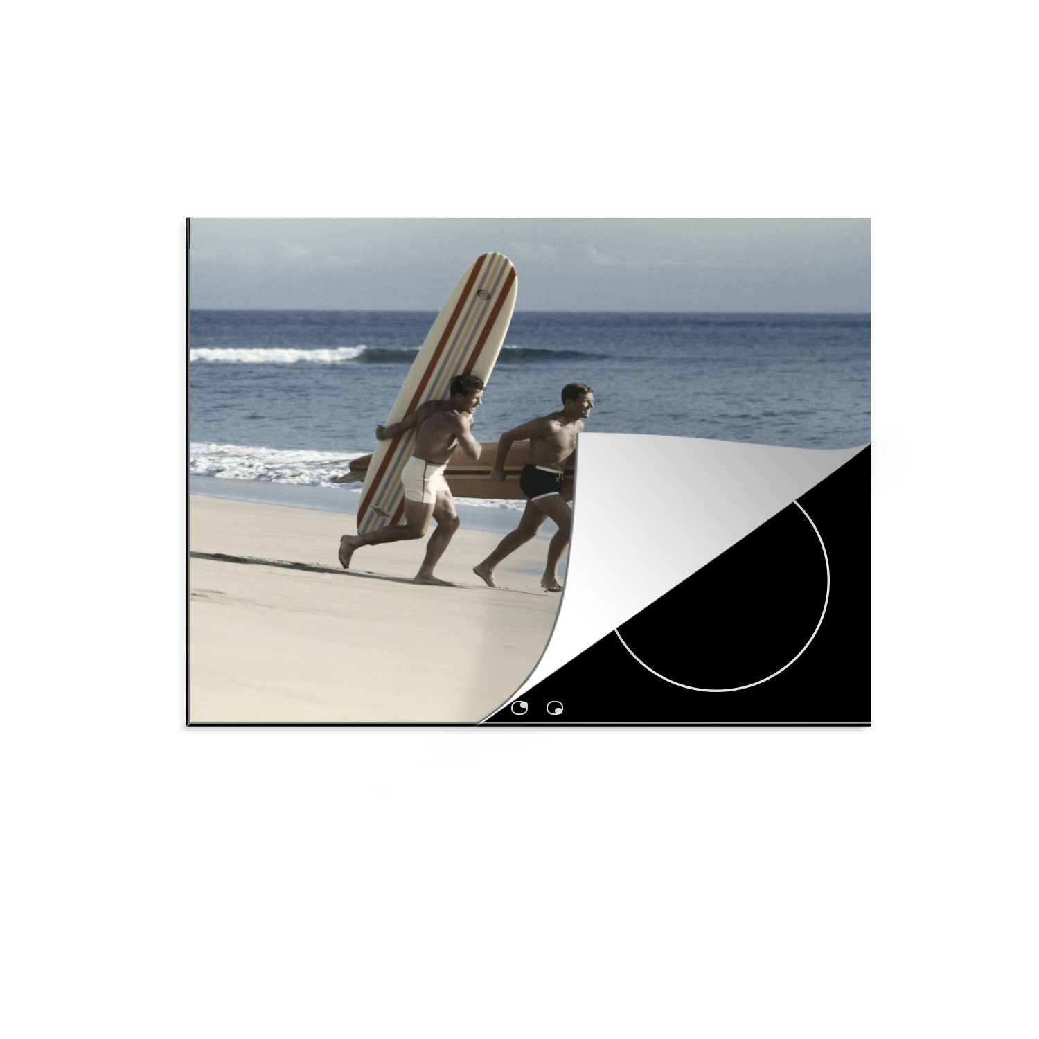 mit (1 60x52 Strand tlg), Arbeitsfläche Vinyl, zwei Surfbrettern, MuchoWow cm, Vintage von nutzbar, Foto Männern Mobile Ceranfeldabdeckung Herdblende-/Abdeckplatte