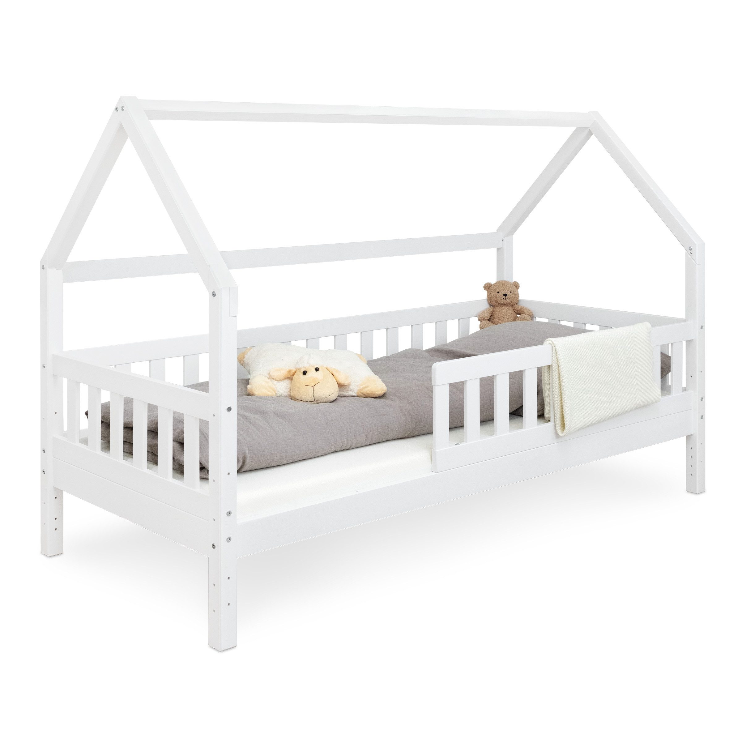 Ehrenkind Hausbett Lille aus massivem Kiefernholz inkl. Rausfallschutz und Rollrost (80x160 Weiß, Hausbett mit optionalem Stauraum), 2 in 1 Aufbau bodentief oder Standardhöhe