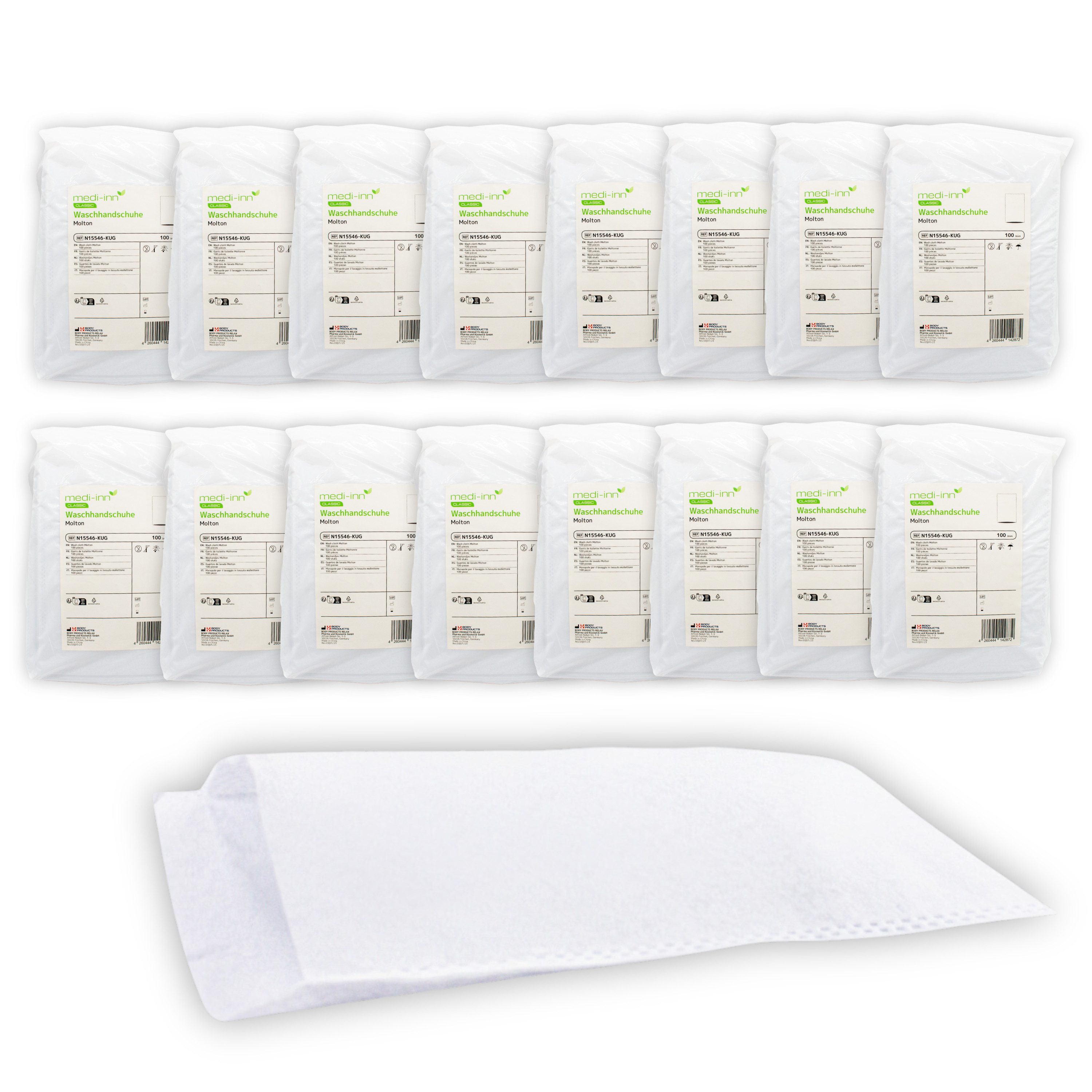 Medi-Inn Waschlappen Einmal-Waschhandschuhe Molton weiß, 100er Pack, 75 g/m², 22 x 15 cm, Vlies (100 % Polyester)