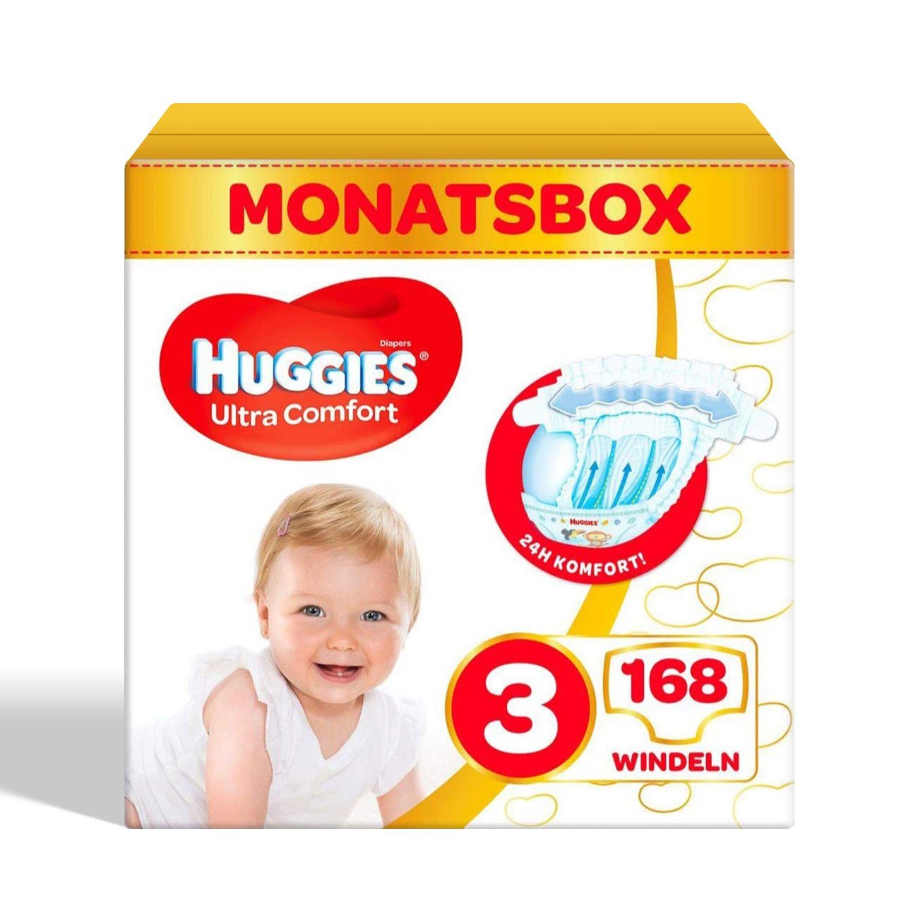 HUGGIES Windeln Ultra Comfort Babywindeln, Größe 3 (4-9 kg), Monatsbox, 168 Windeln (Vorratspack, 168 Windeln), Windel mit Nässeindikator