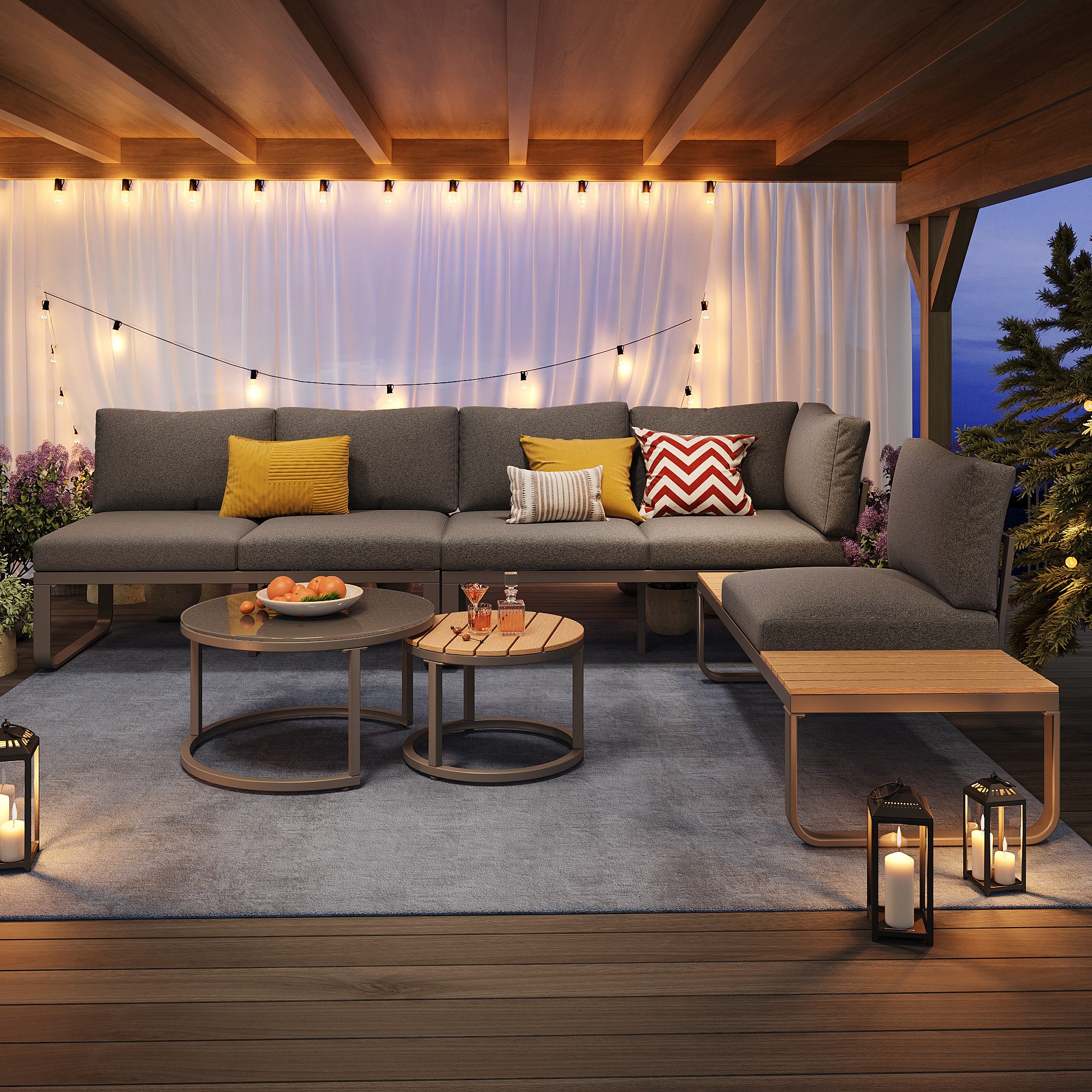 Flieks Gartenlounge-Set, 5-Sitzer Gartenmöbel, Einzelsofa mit Tischplatte, Couchtisch stapelbar