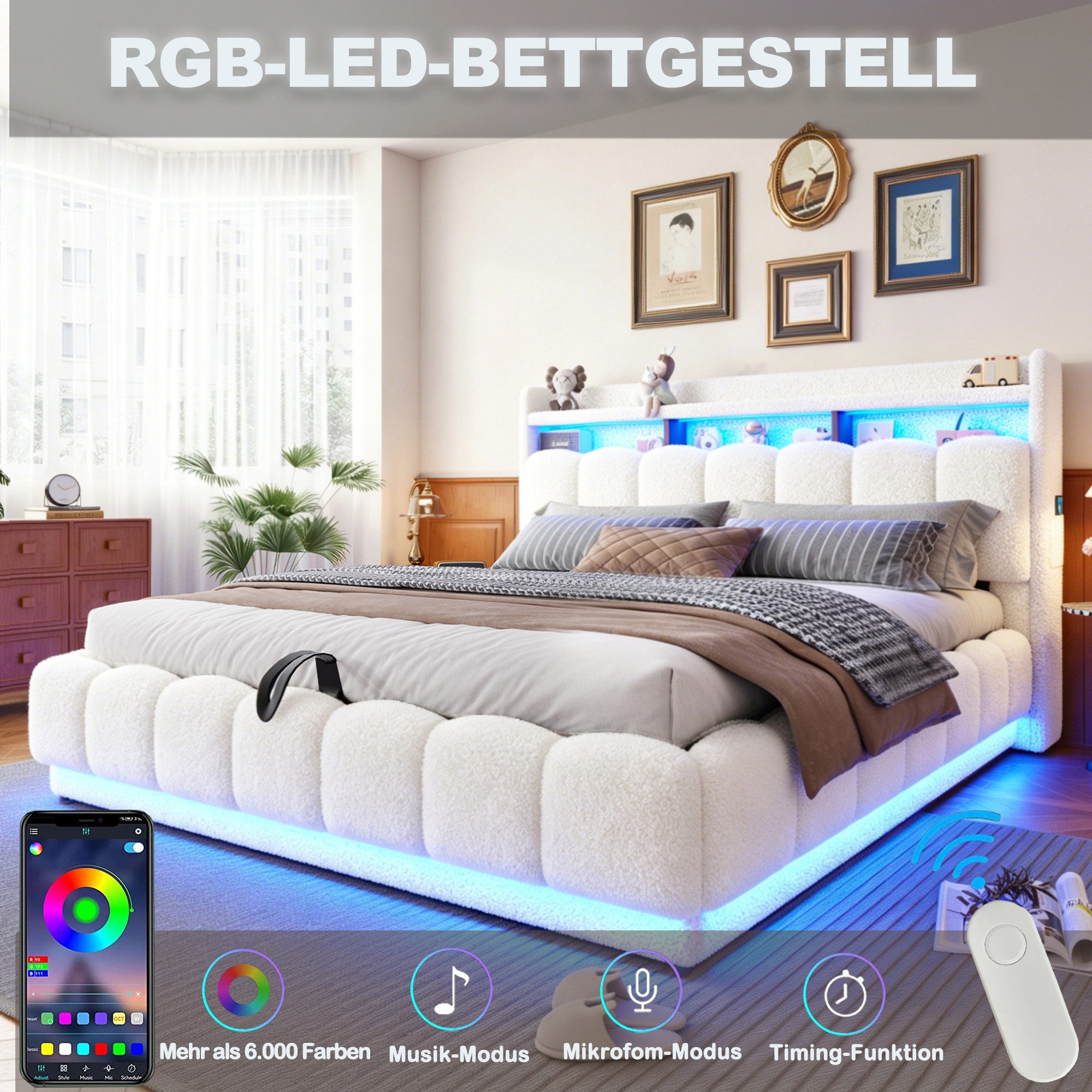 Celya Polsterbett 180 × 200 mit hydraulischem Stauraum und LED-Lichtleiste (ohne Matratze, mit USB-Anschluss, Lattenrost aus Metall) – Bild 3 von 5