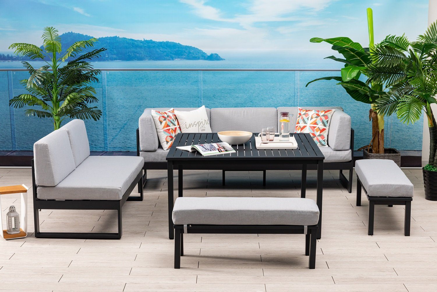 Gardissimo Gartenlounge-Set Vegas Lounge / Gartenmöbelset / Dining Eck Lounge, (Spar-Set, 4-tlg., Alu, Ecklounge, Esstisch, 2 Bänke, inkl. Auflagen), UV-beständig