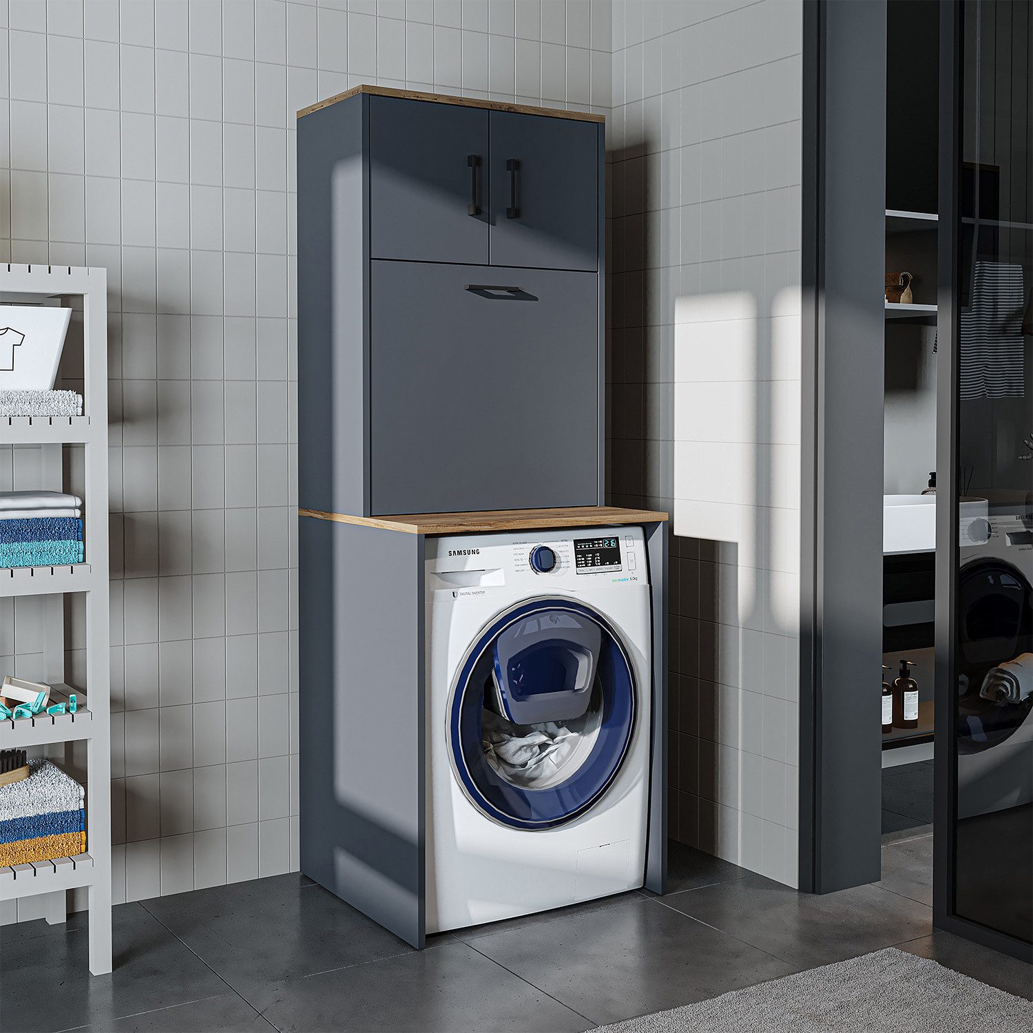 Roomart Waschmaschinenumbauschrank Luna (Weiß •Weiß-Eiche •Eiche •Anthrazit-Eiche, Waschmaschinenschrank mit Überbau & Wäschekorb – platzsparend)