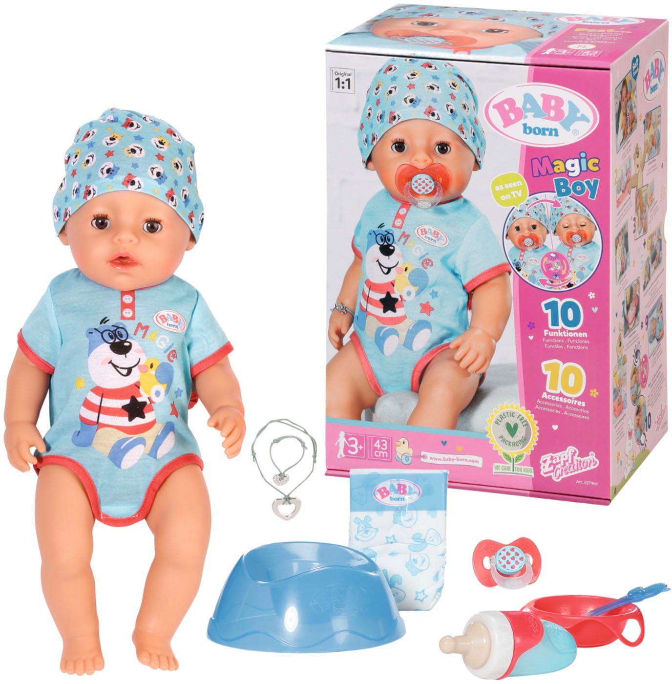 Baby Born Babypuppe Magic Boy, 43 cm (Set, 13-tlg), mit 10 lebensechten Funktionen