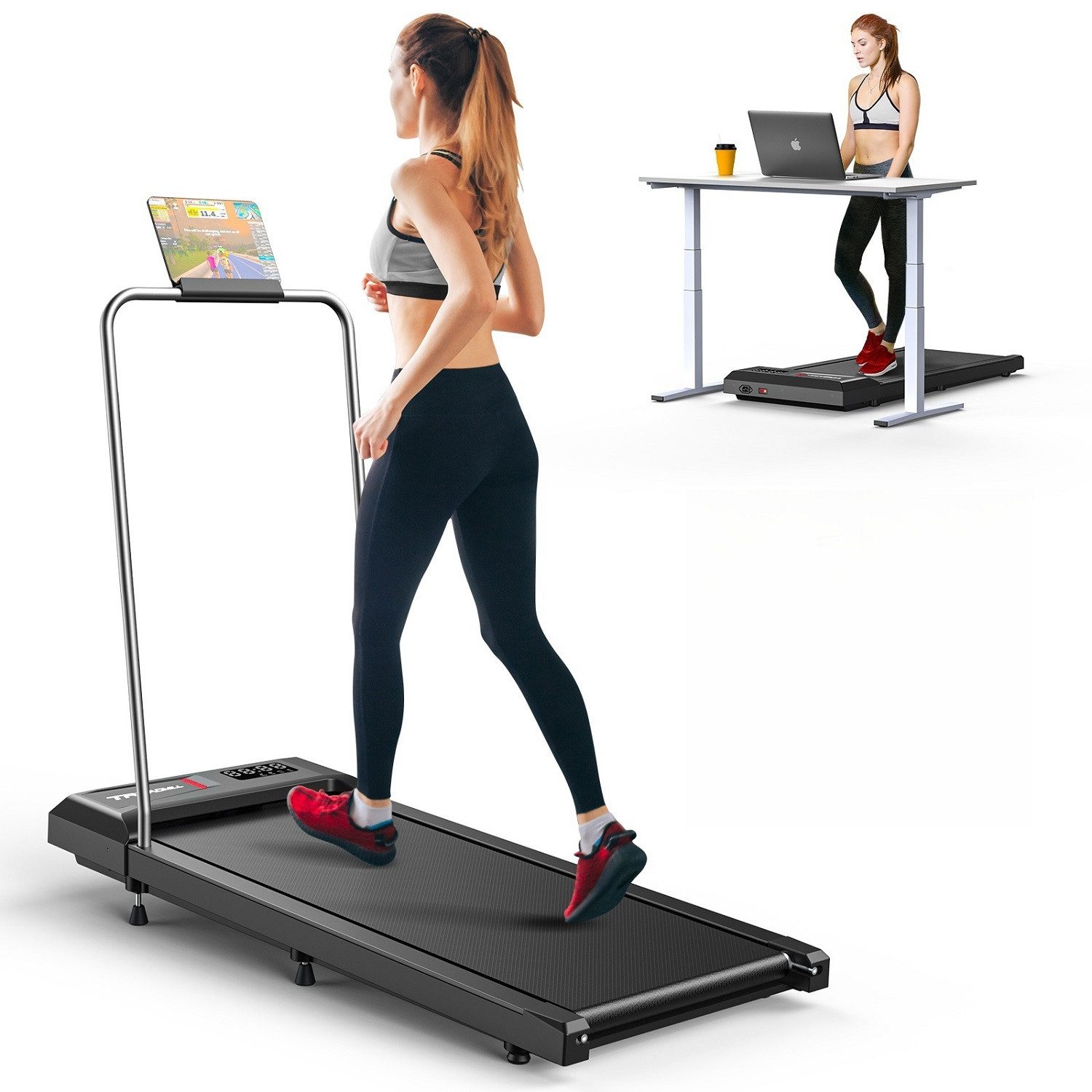 Cardirun Laufband 2-in-1 Laufband für Zuhause & Büro – Neigungsfunktion, 2,5 PS (mit Armlehnen), 2-8 km/h, Sicherheitsgriff, Fernbedienung, LED, App & Sprachsteuerung