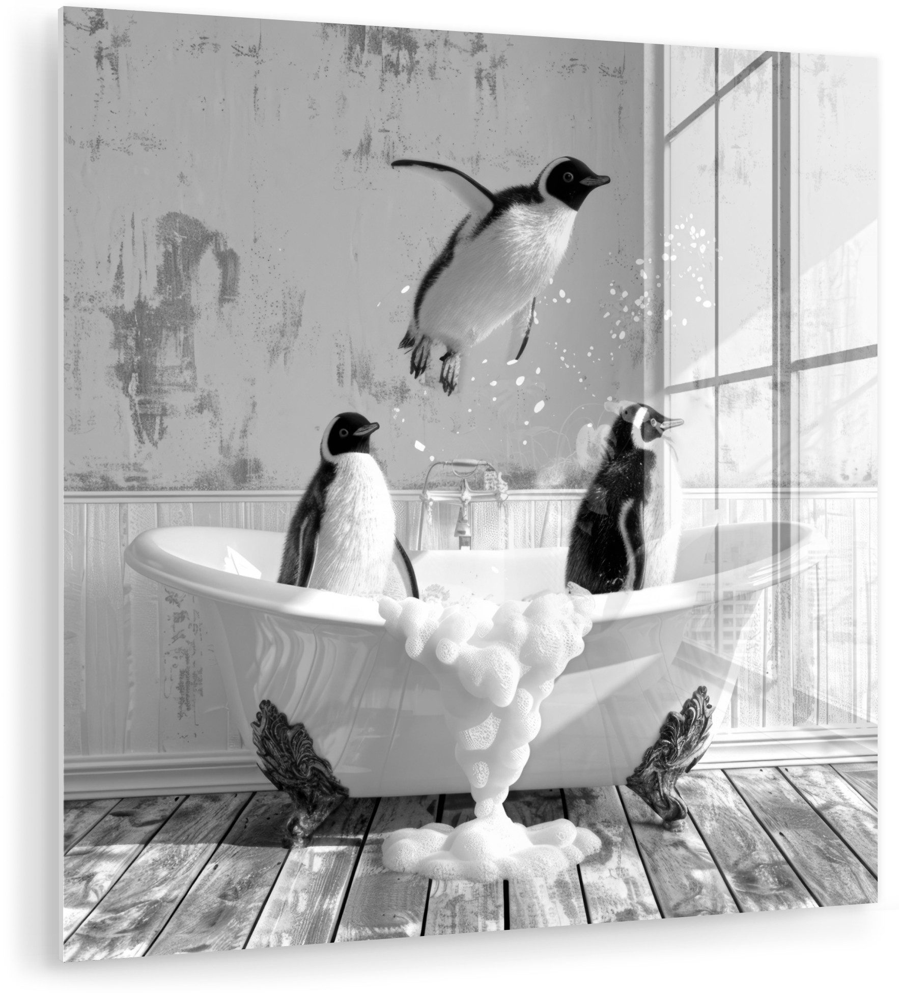 MuchoWow Acrylglasbild Pinguine - Vintage - Tiere - Schwarz - Weiß, Inkl. Aufhängung, Acrylglasbilder Badezimmer, Toilette Bilder auf Glas, 20x20 cm
