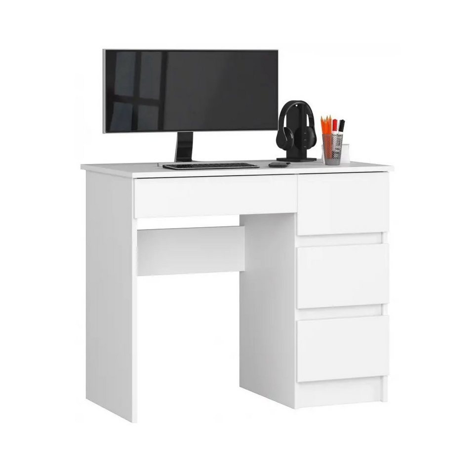 Roysson Home Computertisch Computertisch Schreibtisch 90cm 4 Schubladen  Rechts Weiß HADES