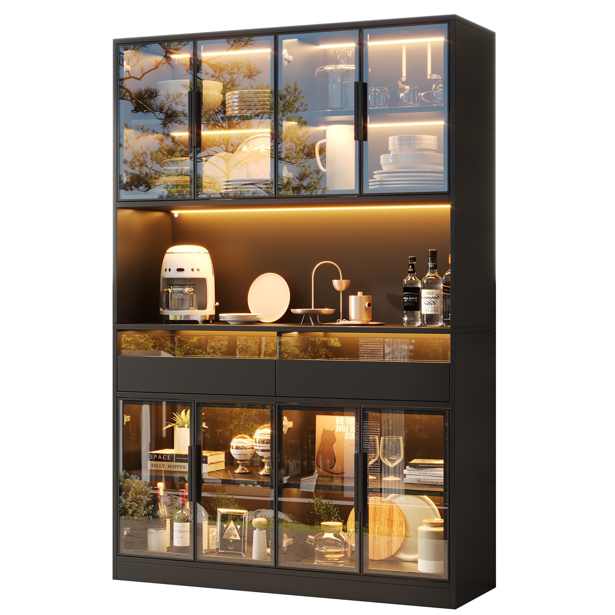 Flieks Glasvitrine Hochschrank mit LED-Beleuchtung, 8 Glastüren und 2 Schubladen (B120xT40xH180 cm, 1-St) multifunktionaler Küchenbuffet mit Airbeitsplatte Standvitrine Schwarz