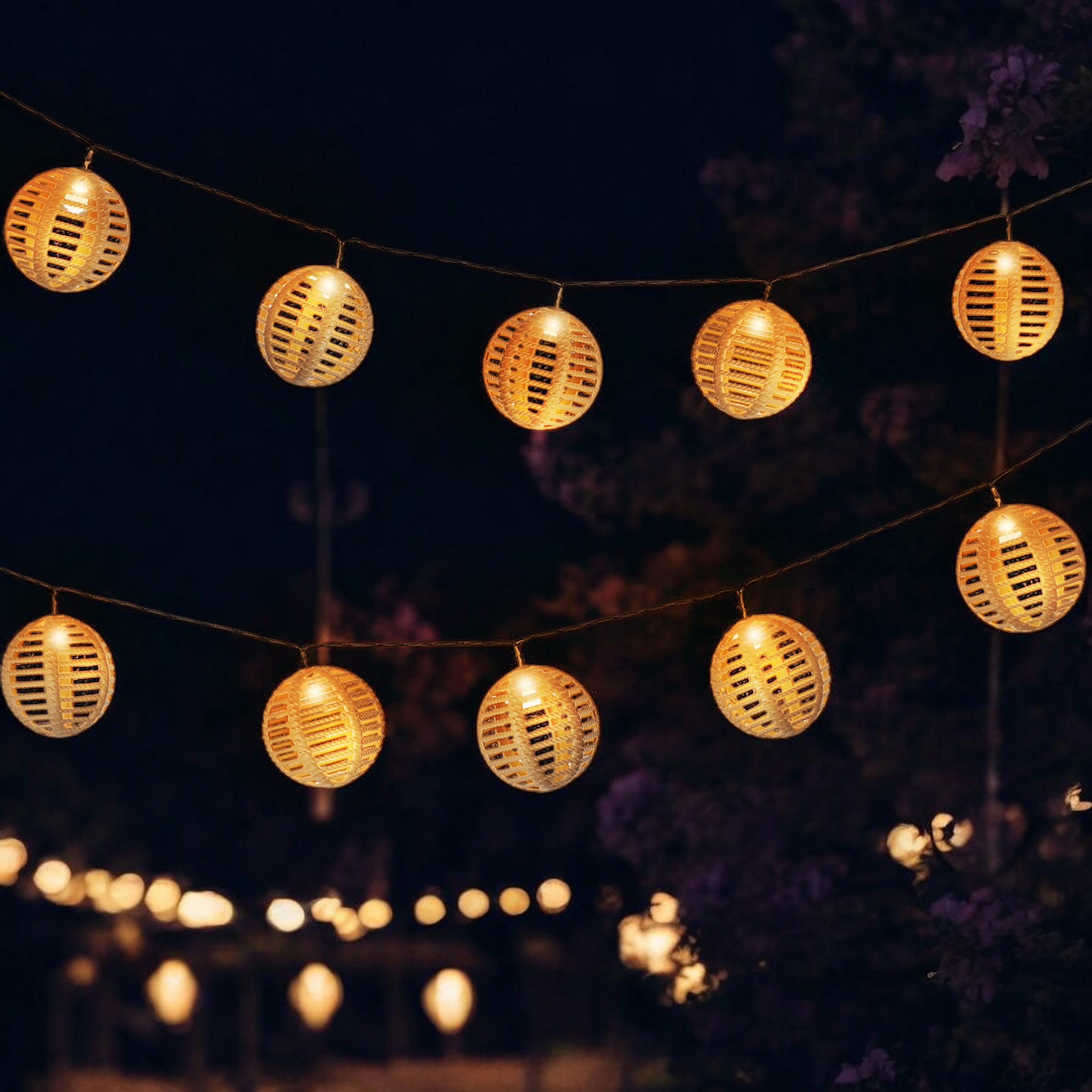 Spetebo LED-Lichterkette Solar Lichterkette mit 10 runden Lampions in Rattan Optik - 270 cm, 10-flammig, in rustikaler Rattan Optik