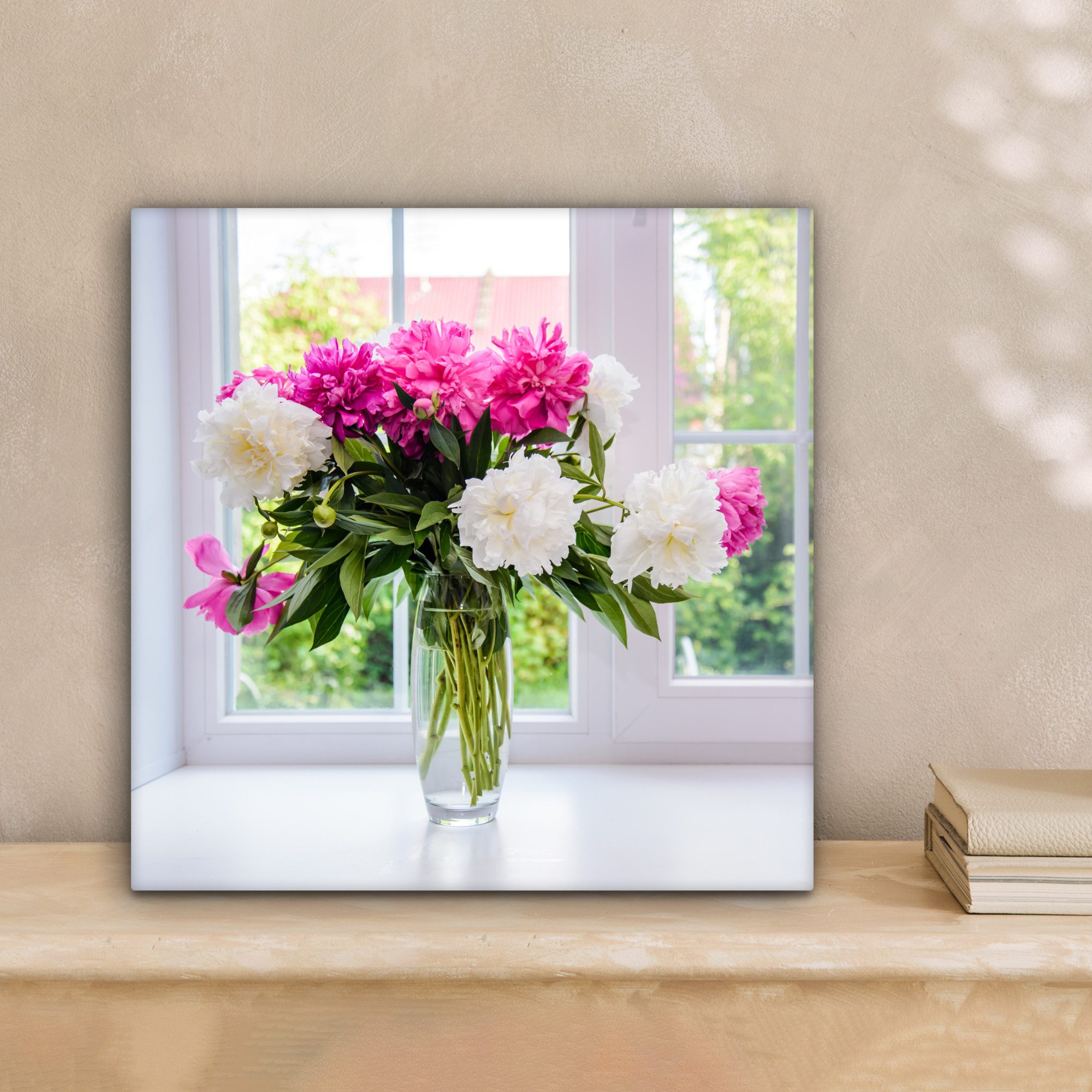 OneMillionCanvasses® Leinwandbild Blumen - Pfingstrosen - Vase, Fotodruck (1 St), Wandbild, Deko Schlafzimmer Wohnzimmer Flur 20x20 cm