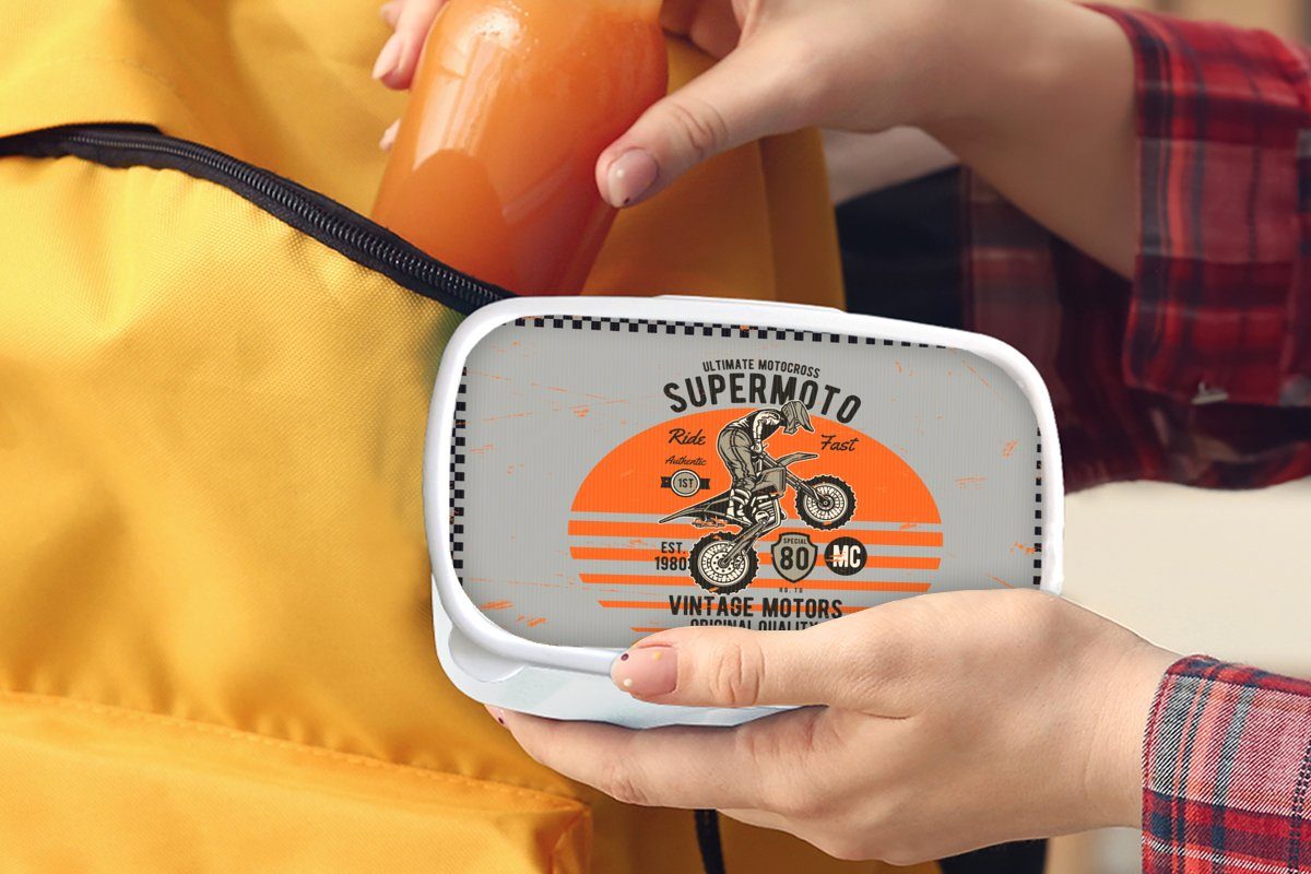 Brotdose, Mancave und Kinder - Vintage Brotbox MuchoWow Grau, Mädchen Kunststoff, - weiß Motorrad Orange und - für - Jungs (2-tlg), Erwachsene, Lunchbox für