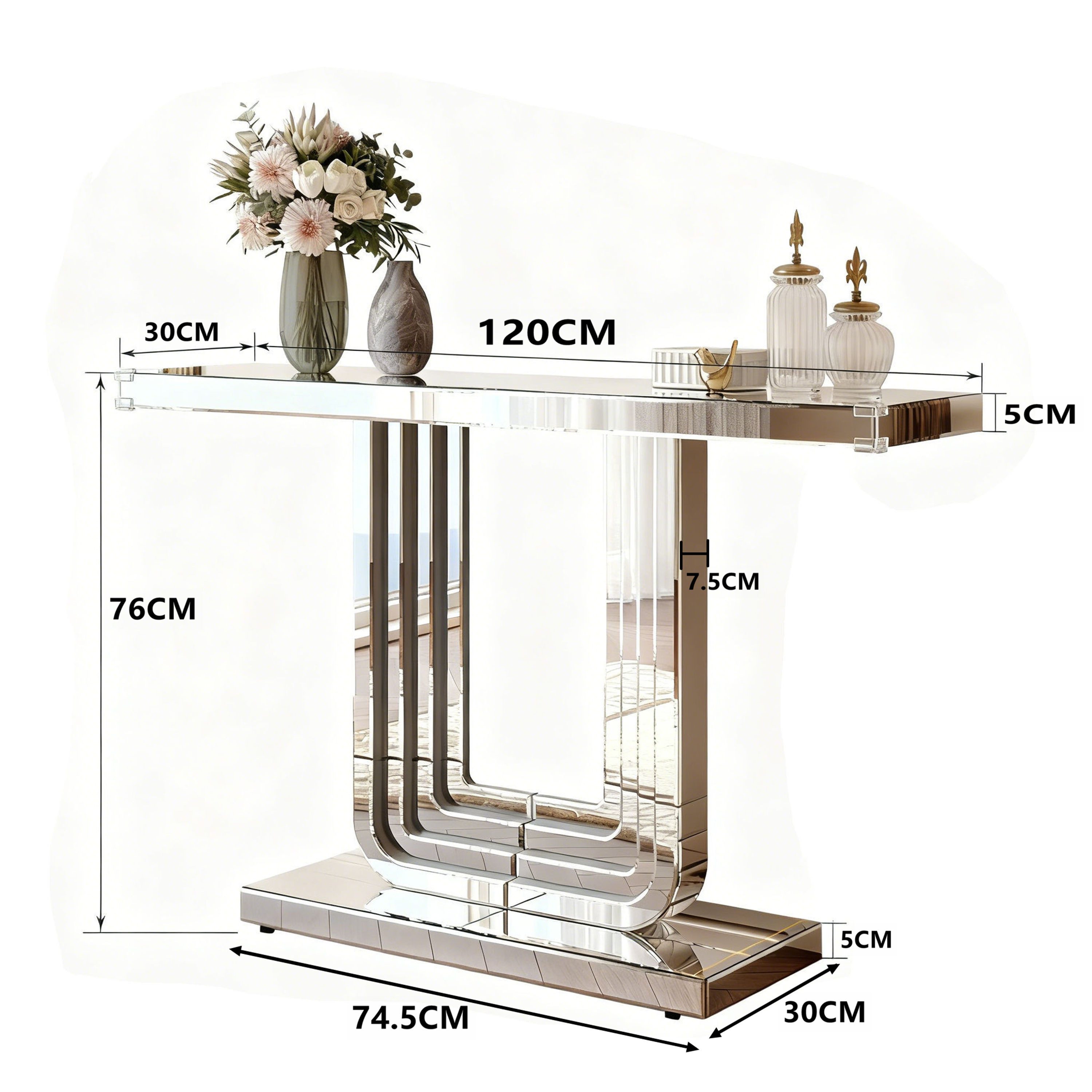 Celya Beistelltisch Eleganter Konsolentisch mit Silber-Optik & Stabiler U-Form-Basis (für Raumaufhellung, Kratzfest & Leicht zu Reinigen, Luxus Wohnzimmer Tisch), 120CM Moderner Spiegeltisch