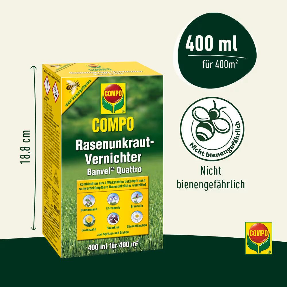 Compo Unkrautbekämpfungsmittel Rasenunkraut-Vernichter Banvel Quattro, 400 ml, zum Spritzen & Gießen