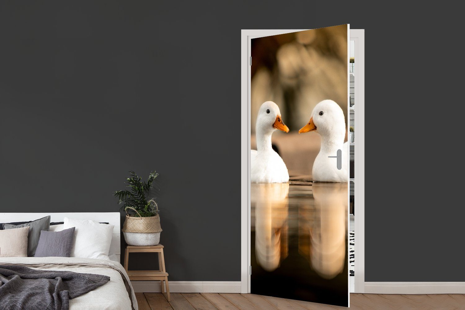 Türtapete 75x205 - bedruckt, - Tür, Matt, (1 für - cm MuchoWow Enten, - - Türaufkleber, Ente Wasser Tiere Weiß Vogel St), Fototapete