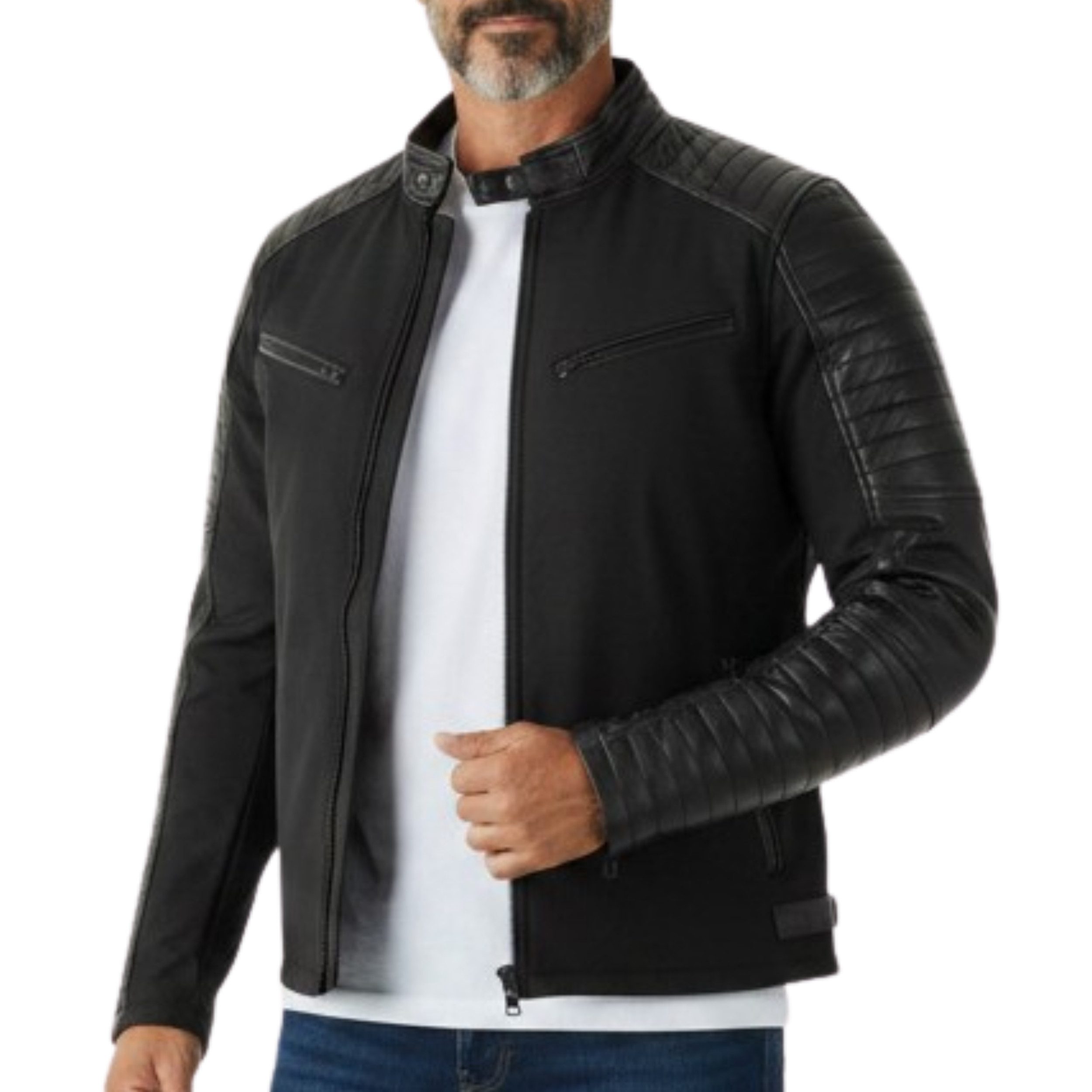 MDM Bikerjacke Herren Übergangsjacke Bikerjacke Schwarz Softshell Kunstleder Slim Fit (1x Bikerjacke für Herren) Biker Übergangsjacke mit Kunstlederdetails
