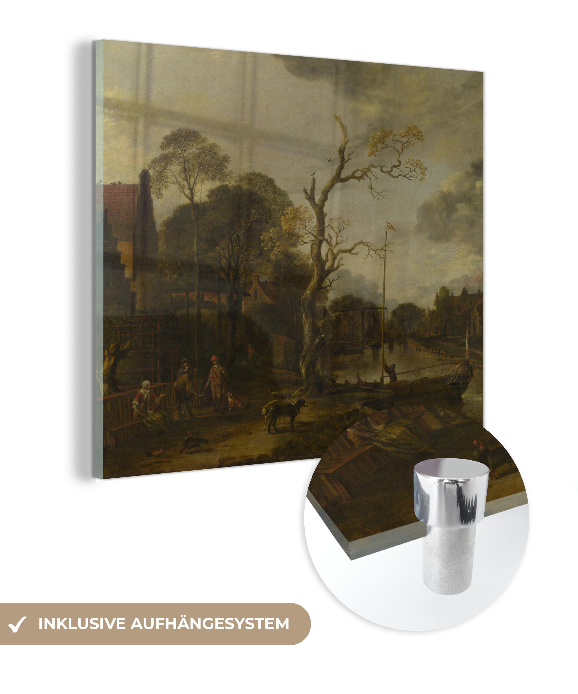MuchoWow Acrylglasbild Flussansicht mit Dorf am Abend - Gemälde von Aert van der Neer, (1 St), Glasbilder - Bilder auf Glas Wandbild - Foto auf Glas - Wanddekoration