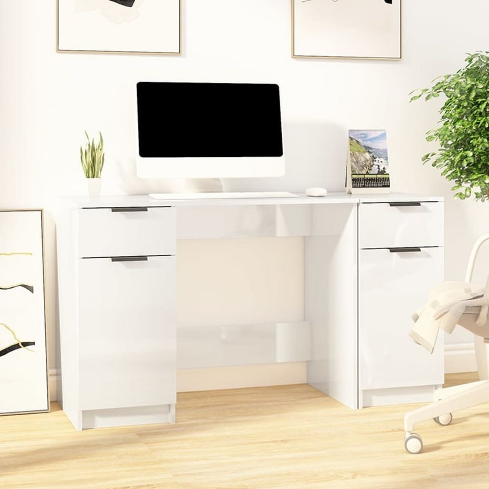furnicato Schreibtisch mit Beistellschrank Hochglanz-Weiß Holzwerkstoff