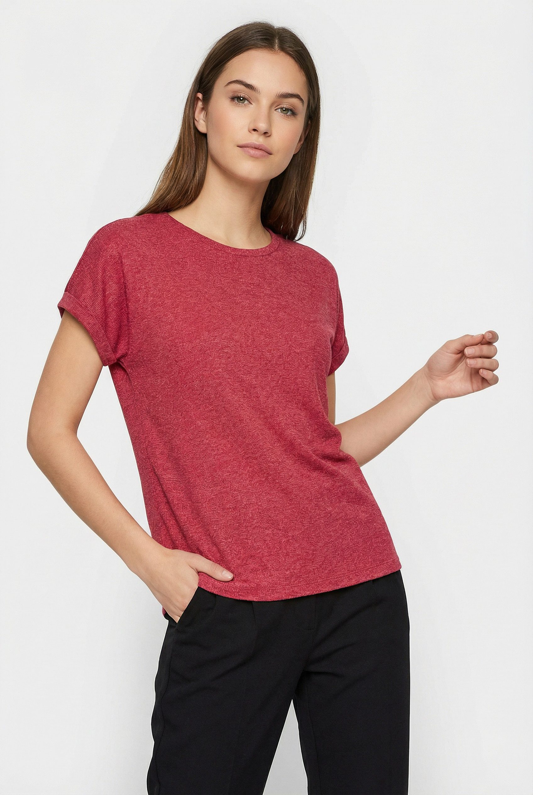 Vero Moda Kurzarmpullover VMBRIANNA SS O-NECK PULLOVER BOO REP mit überschnittenen Schultern mit Umschlagsaum