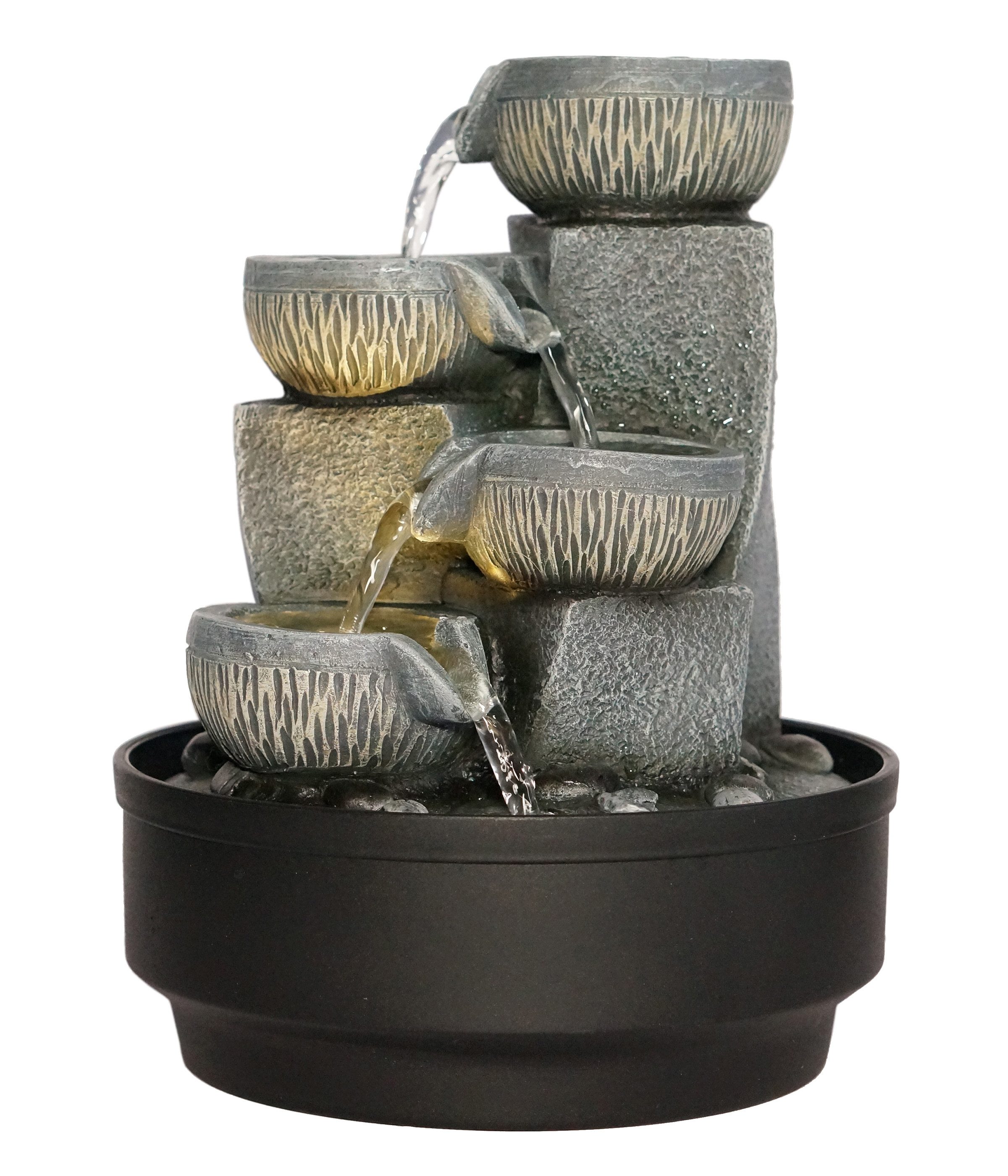 Dehner Zimmerbrunnen Nalani, LED-Beleuchtung, Höhe ca. 27 cm, Ø 21.5 cm, Polyresin, grau, beruhigendes Wasserspiel mit sanftem, warmweißen Licht