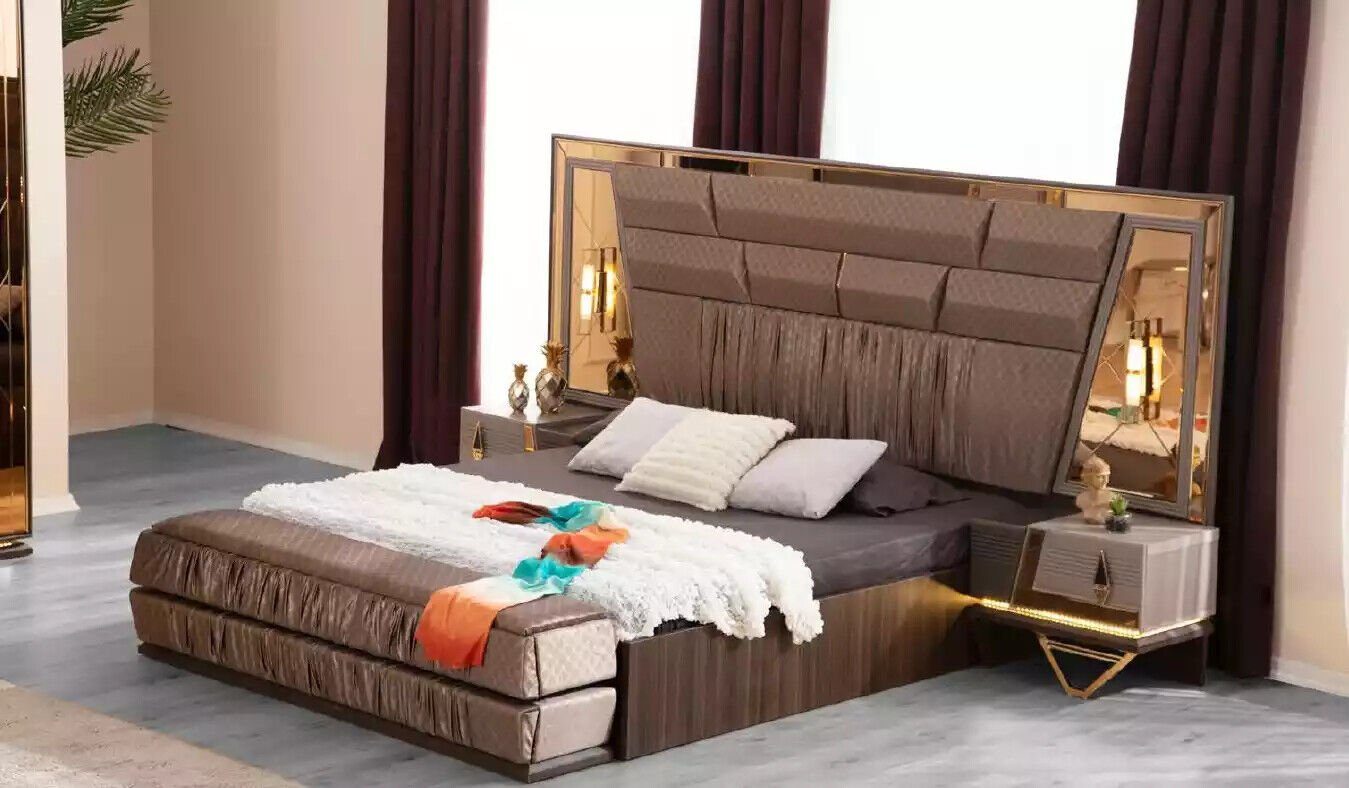 JVmoebel Schlafzimmer-Set Schlafzimmer Gruppe Bett Set 3tlg Doppelbett Beige Stoff Nachttische, (3-St., Bett/2x Nachttische), Made in Europa
