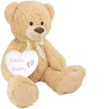 BRUBAKER Kuscheltier XXL Teddybär Beige 100 cm mit Hello Baby Herz (Stofftier Plüschtier mit Schleife, 1-St), Kuscheltier Geschenk für Geburt, Babyparty, Gender Reveal