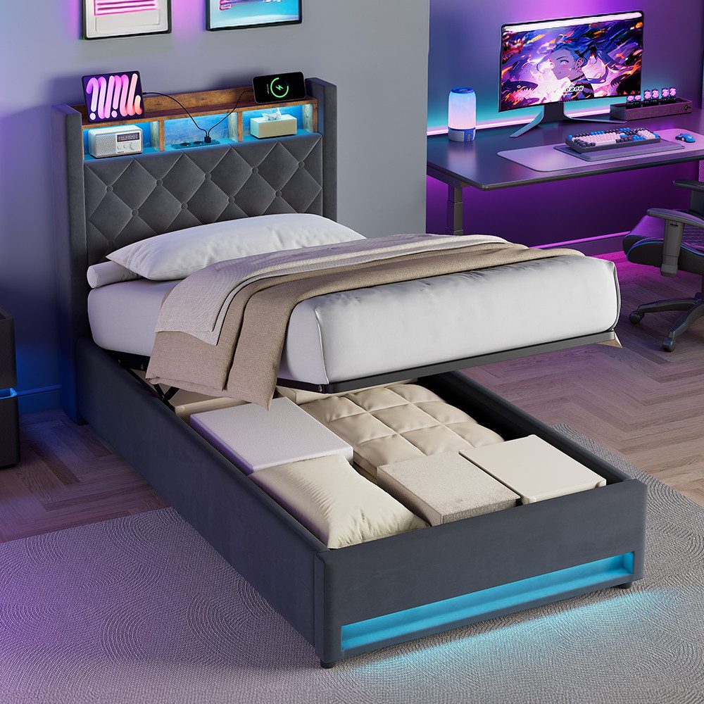 REDOM Polsterbett mit Premium-Samt – Stabil, Komfortabel, Zeitlos (Robuster Holz-Eisen-Rahmen • Atmungsaktiver Schaum • Inklusive Lattenrost, 1-tlg), Mit LED-Lichtleiste und USB-Aufladung
