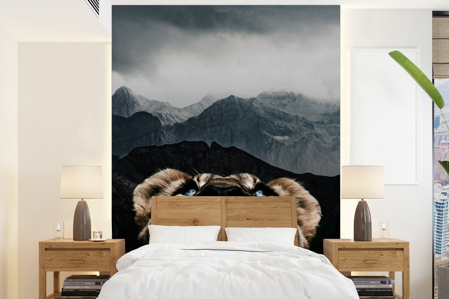 MuchoWow Fototapete Tiger - Berge - Nebel, Matt, bedruckt, (4 St), Montagefertig Vinyl Tapete für Wohnzimmer, Wandtapete