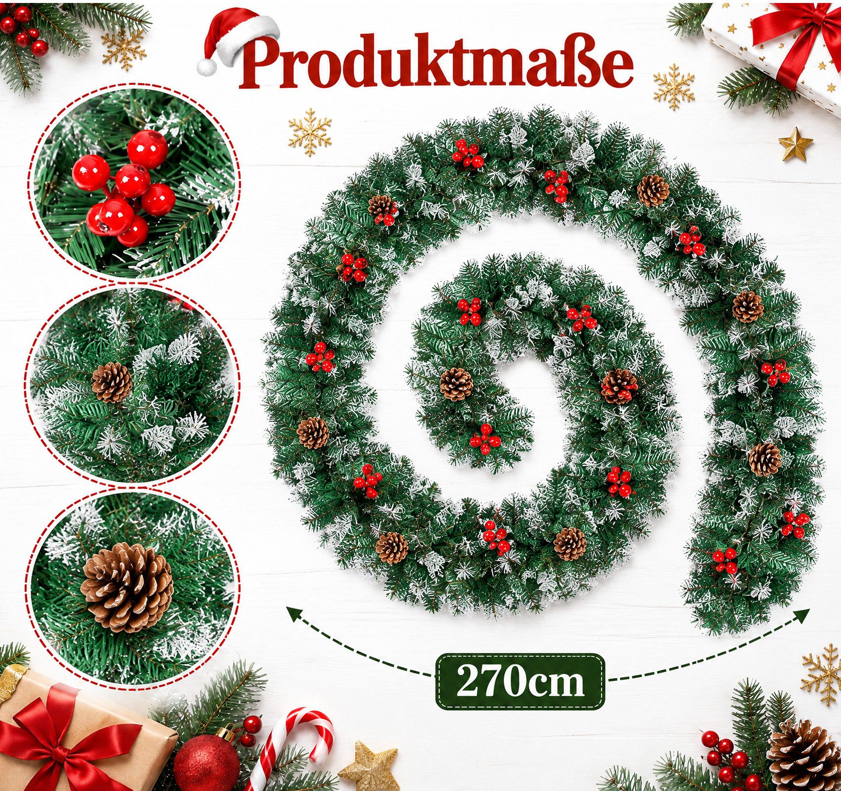 Kunstgirlande Weihnachtsgirlande 2.7M, mit Tannenzapfen und Rote Beere, ElitVita, Tannengirlande für Treppen Kamin Haustür Outdoor Weihnachten Deko – Bild 2 von 5