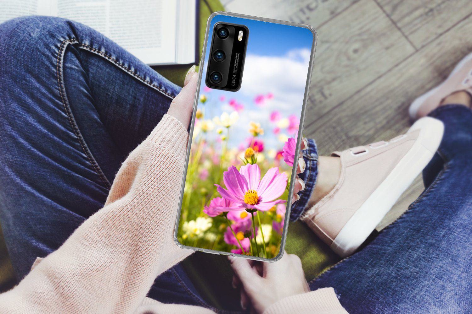MuchoWow Handyhülle für Huawei P40 Blumen - Wiese - Lila - Gras - Weiß - Wolken - Blau, Handy Case, Silikon, Bumper Case Dünn