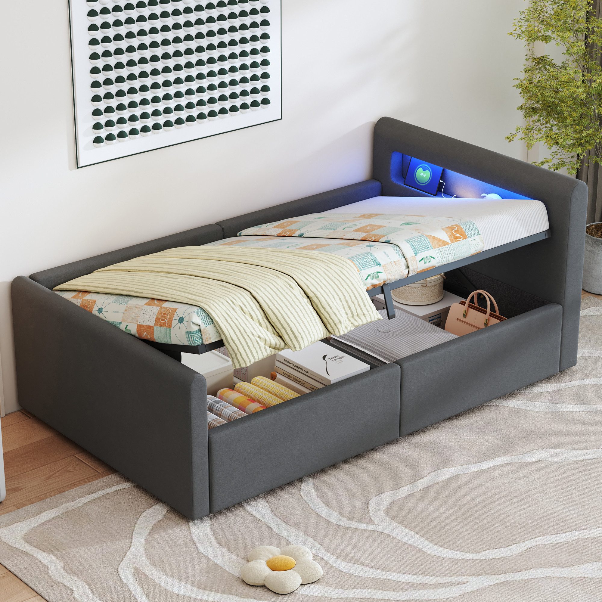 OKWISH Polsterbett Kinderbett Stauraumbett (mit LED-Licht günstig online kaufen