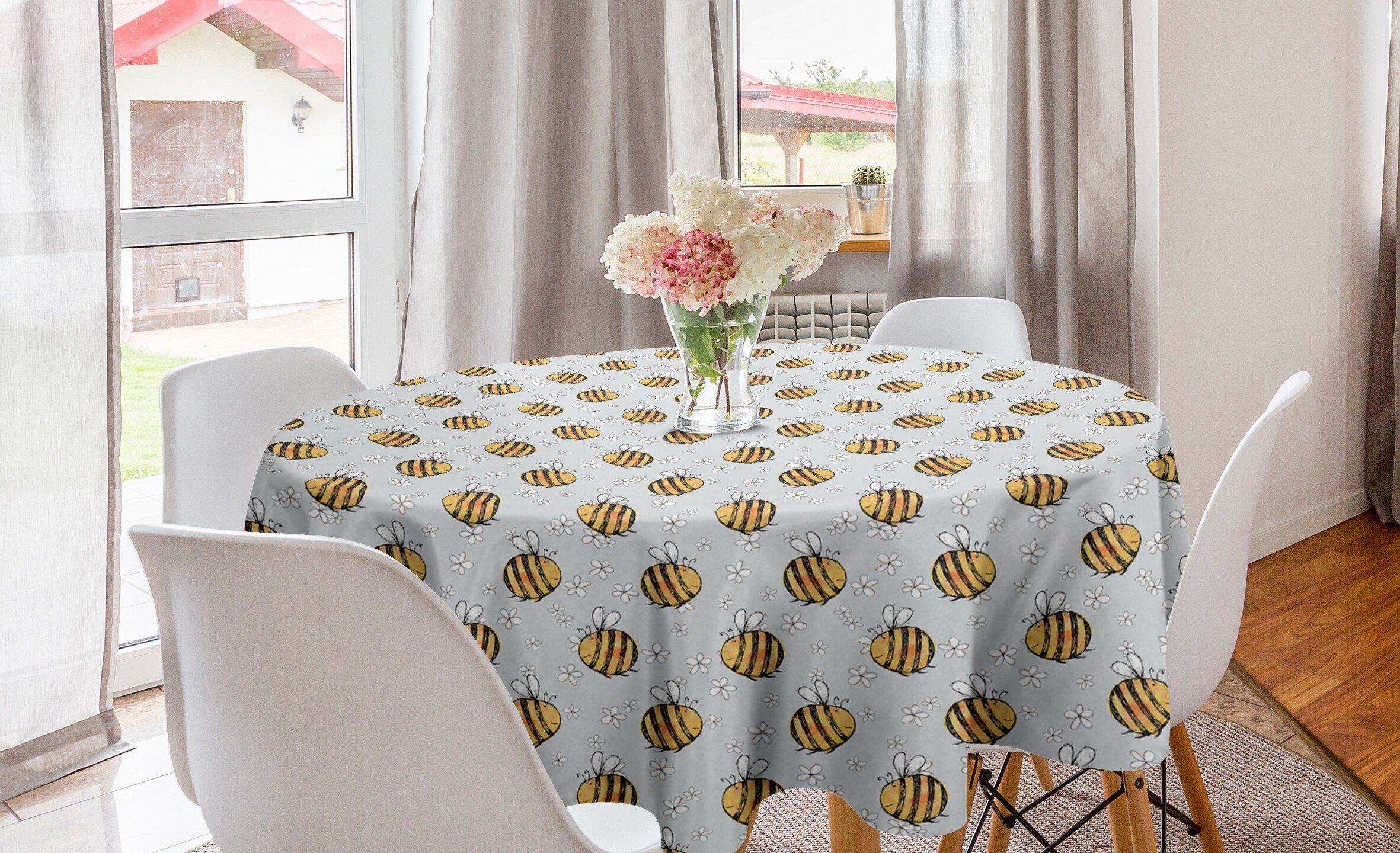 Abakuhaus Tischdecke Kreis Tischdecke Abdeckung für Esszimmer Küche Dekoration, Honey Bee Hand gezeichnete Blumen Szene