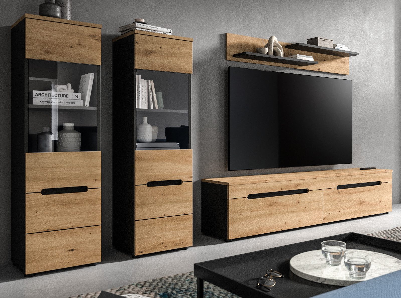 Inn.Furn Wohnwand Cooper, (Schrankwand in Eiche Artisan und Grau, 4-teilig, 270 cm), hängend oder stehend, Soft-Close