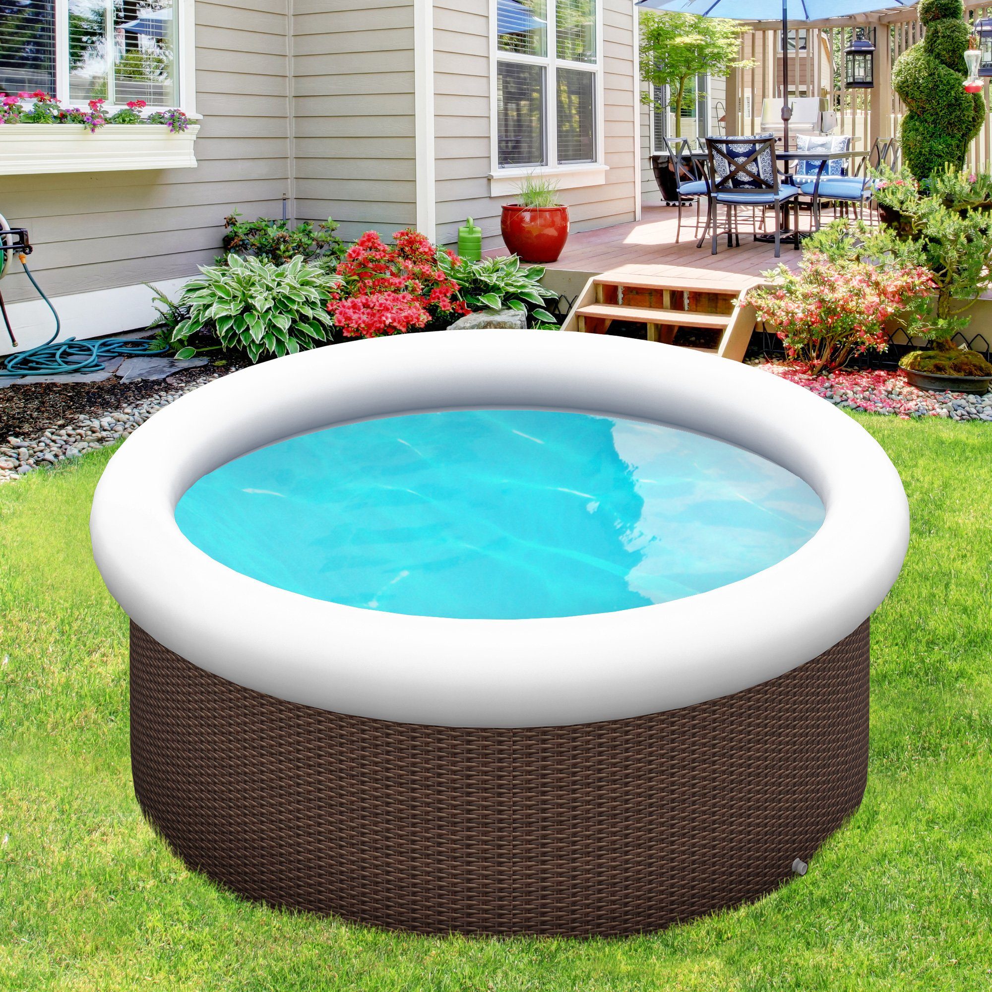 Outsunny Quick-Up Pool Schwimmbecken Aufblasbarer Swimmingpool für 1-5 Personen (Schwimmbad, 1-tlg., Aufstellpool), Rattan-Effekt, Ø300 x 76 cm, Braun
